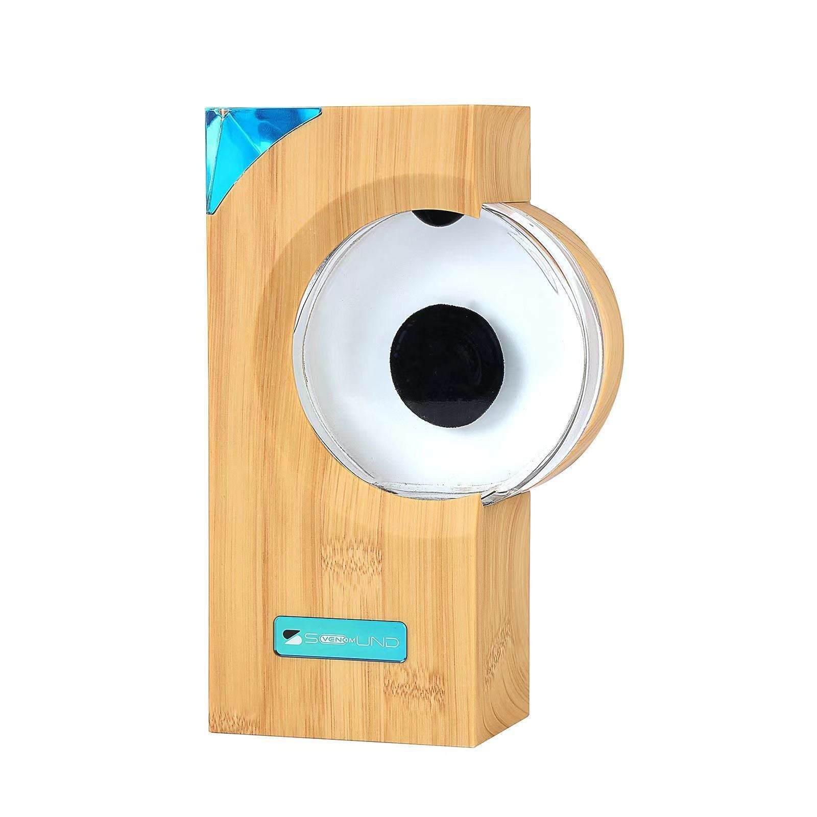 Modern wooden dancing ferrofluid speaker toy with clear spherical display and blue accent, music rhythm interactive desk decor