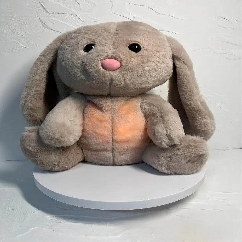 Soft breathing rabbit plush toy with calming light and music for infant anxiety relief and sensory development