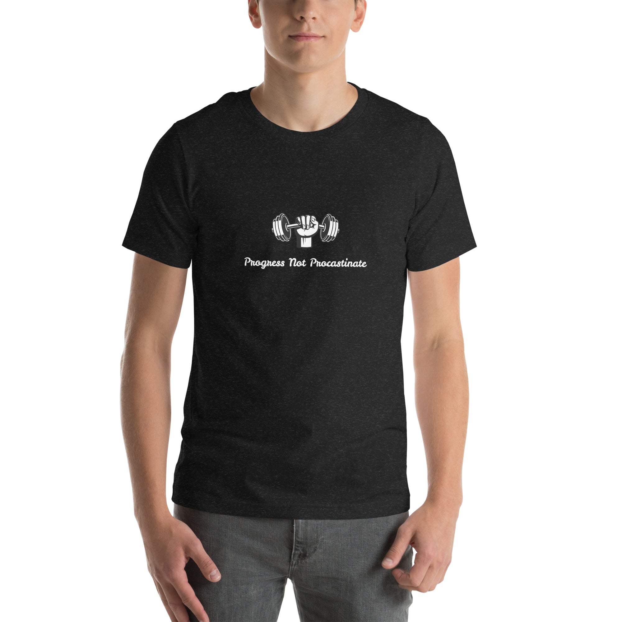 Black Progress Not Procrastinate T-Shirt with barbell graphic and motivational text, unisex fit, soft cotton fabric for workouts and casual wear
