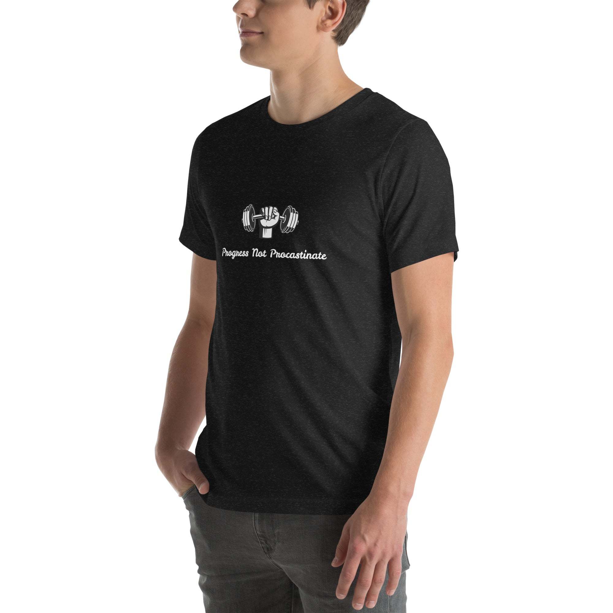 Unisex black Progress Not Procrastinate T-Shirt with barbell graphic and motivational text, soft breathable cotton gym tee for fitness and personal growth
