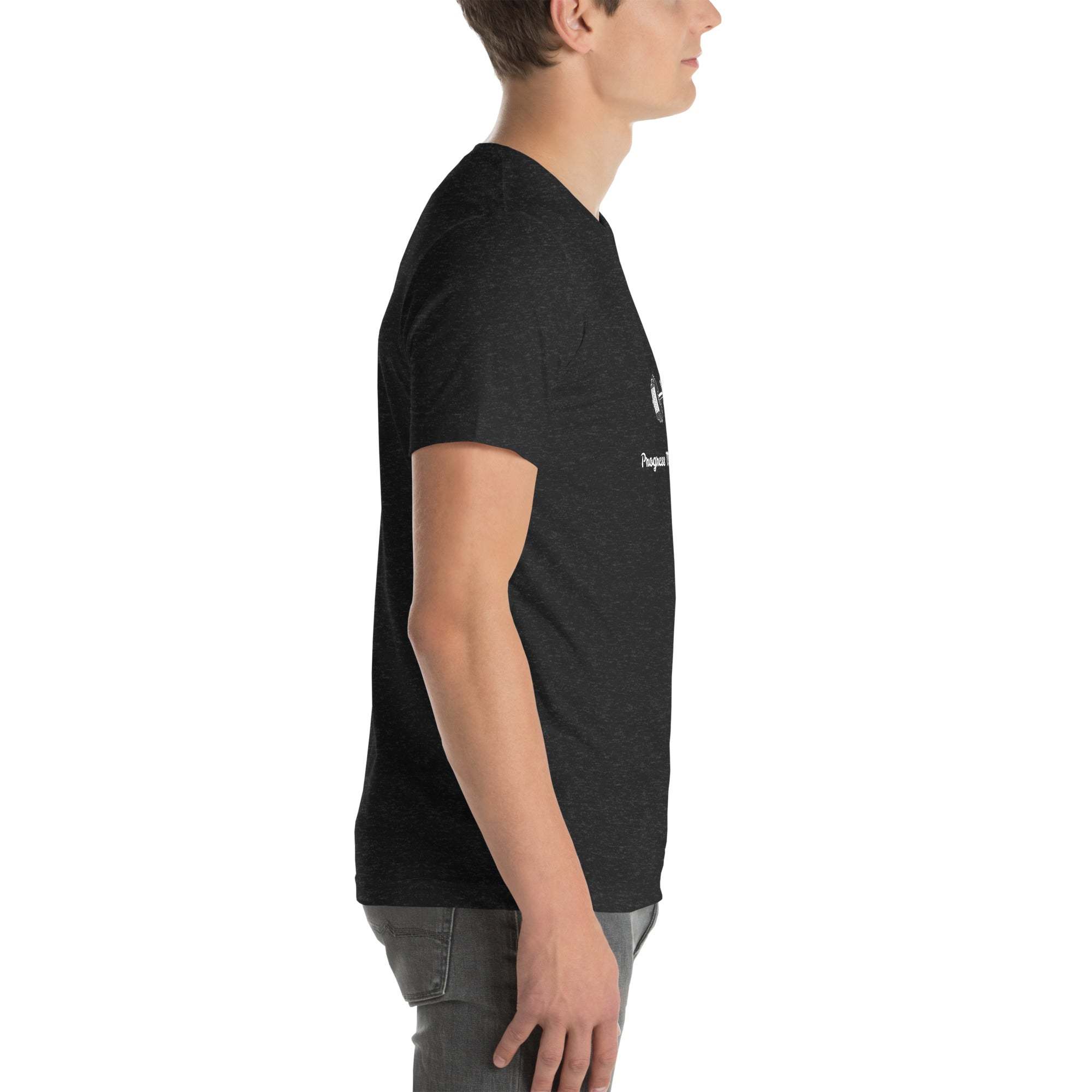 side view of man wearing black Progress Not Procrastinate T-Shirt with motivational barbell graphic and text
