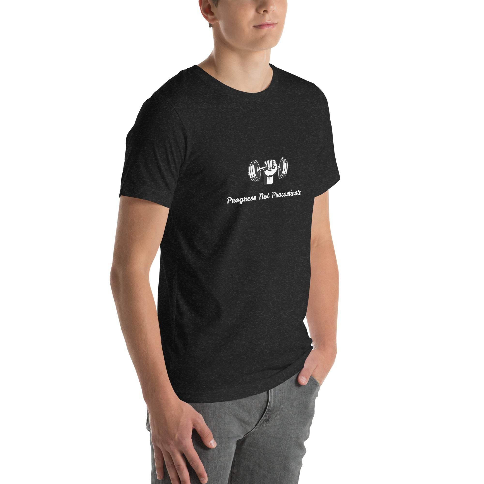 Man wearing black Progress Not Procrastinate T-Shirt with barbell graphic and motivational text