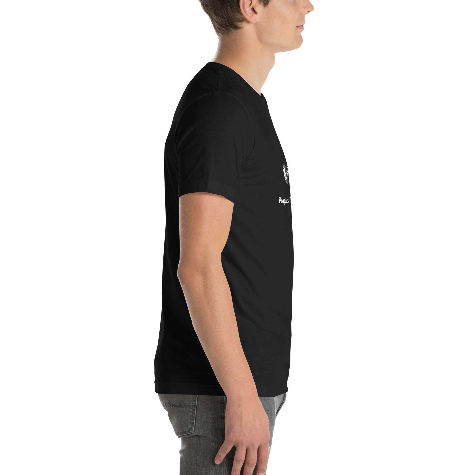 Side view of a black Progress Not Procrastinate T-Shirt worn by a male model, featuring motivational fitness design and made of soft cotton.