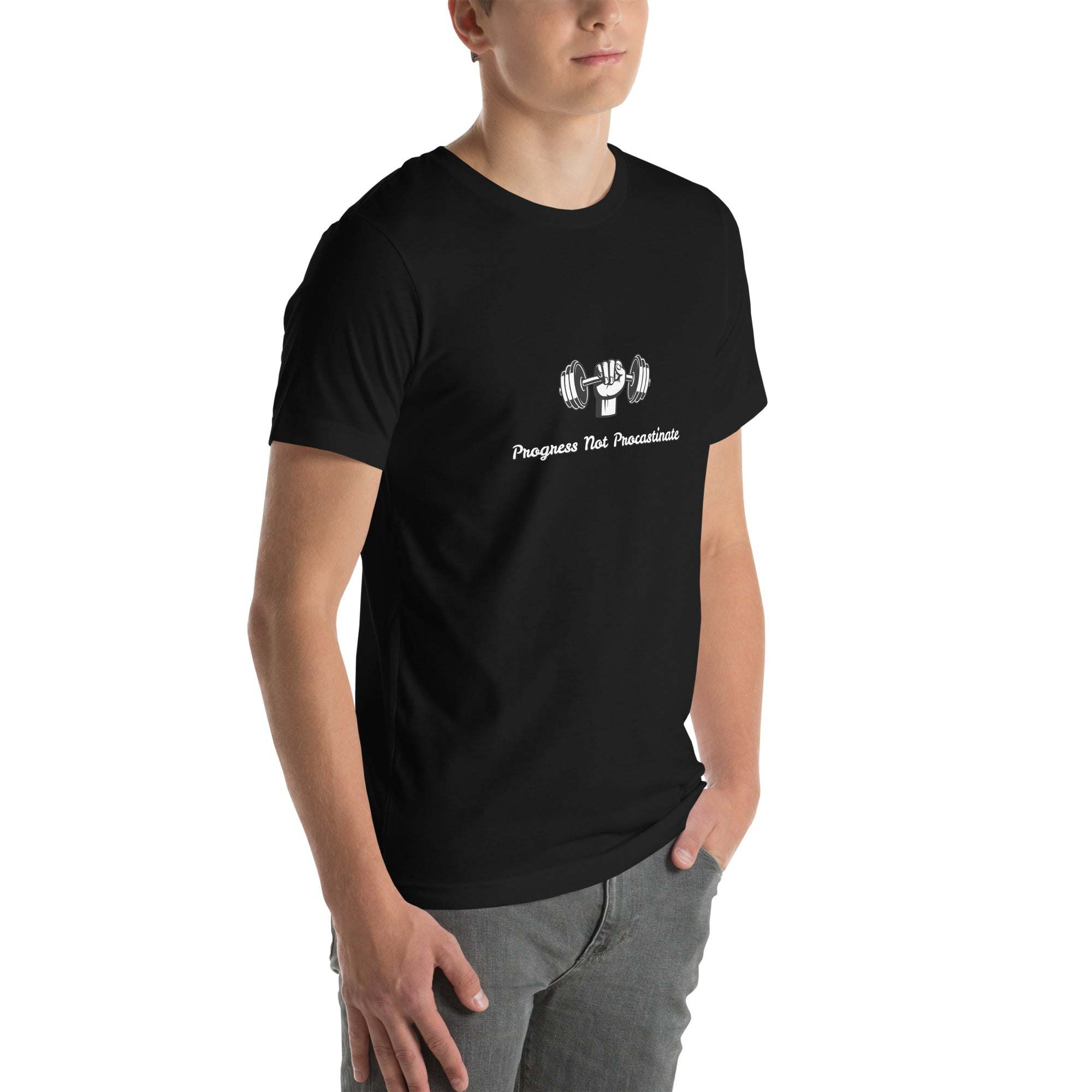Black unisex Progress Not Procrastinate T-Shirt with barbell graphic, motivational gym apparel for fitness and personal growth