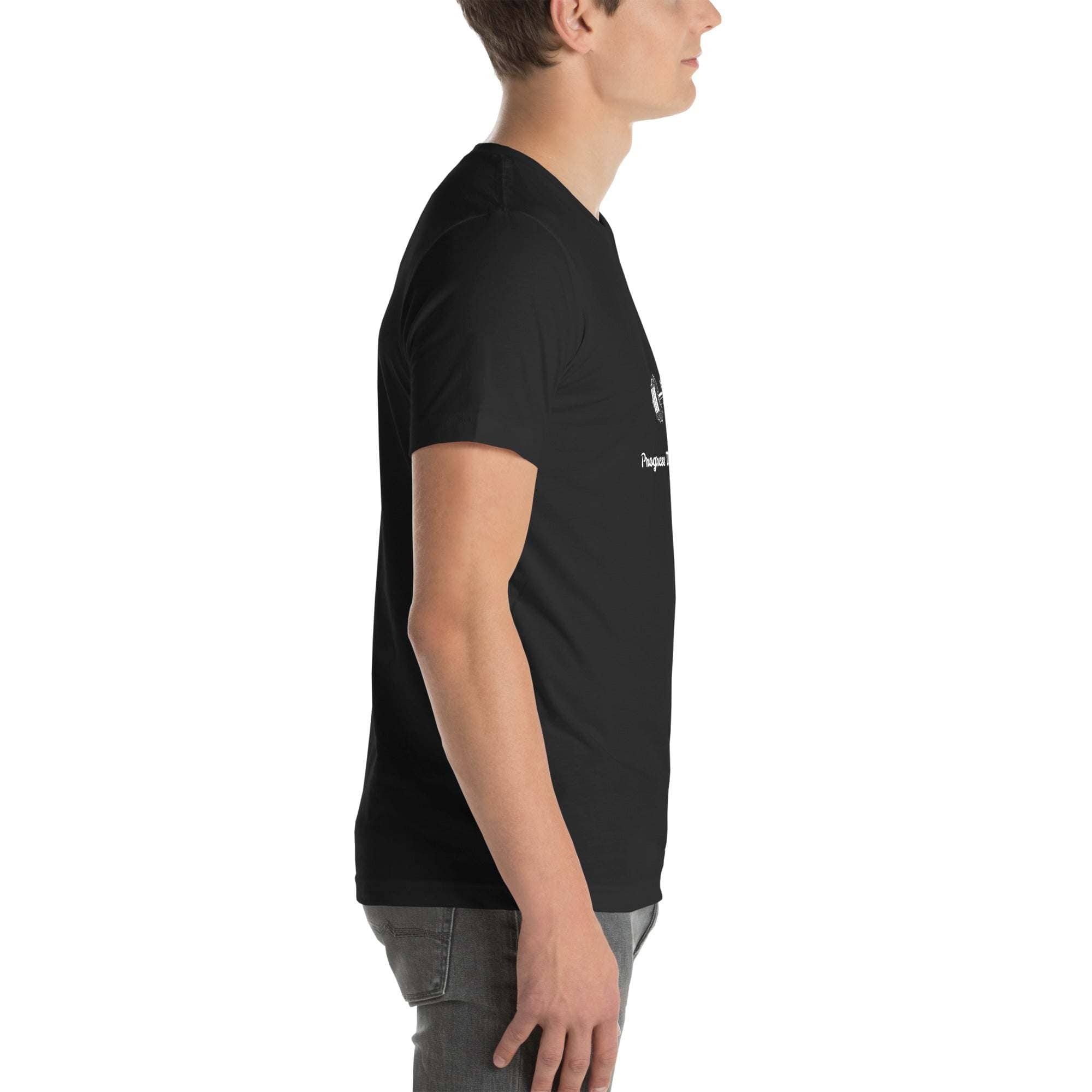 Black Progress Not Procrastinate T-Shirt with motivational barbell graphic worn by male model side view
