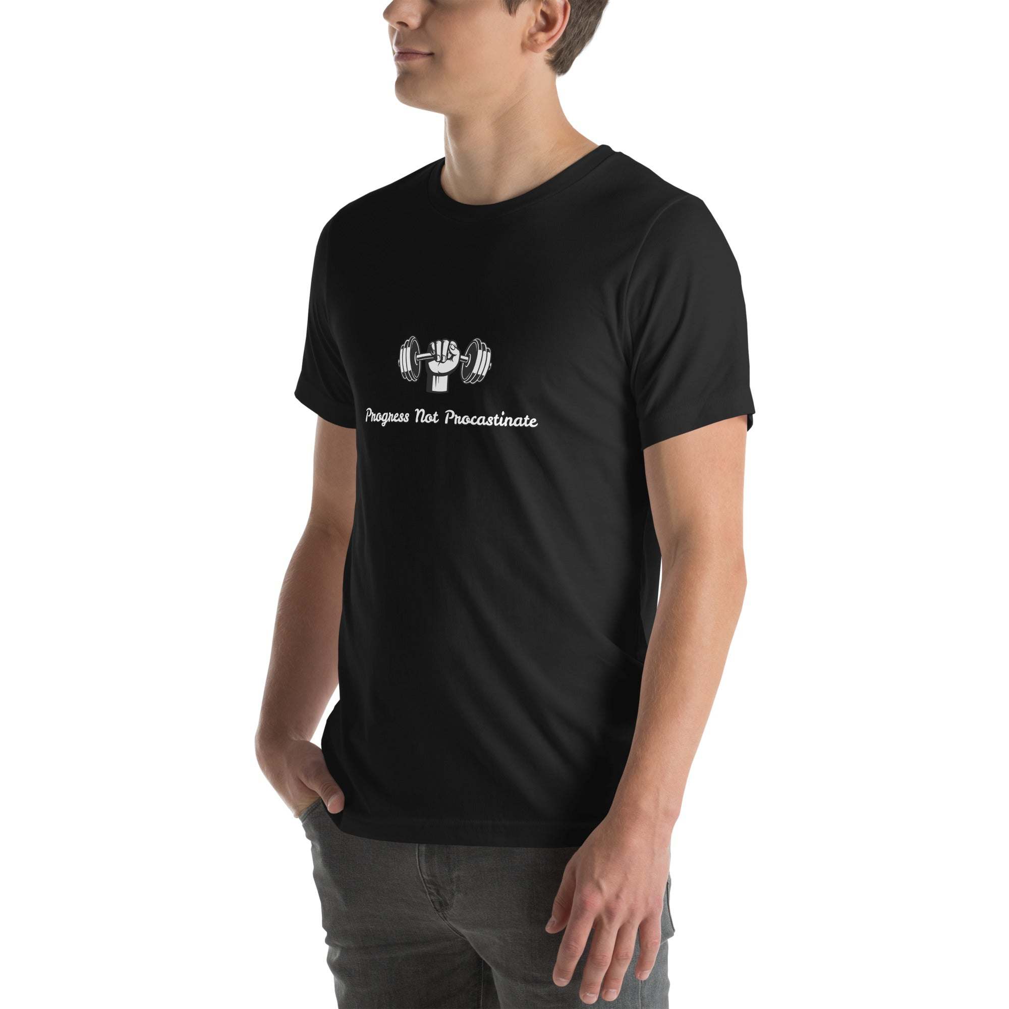 Unisex black Progress Not Procrastinate T-Shirt with barbell graphic and motivational quote, soft breathable cotton, gym and casual wear