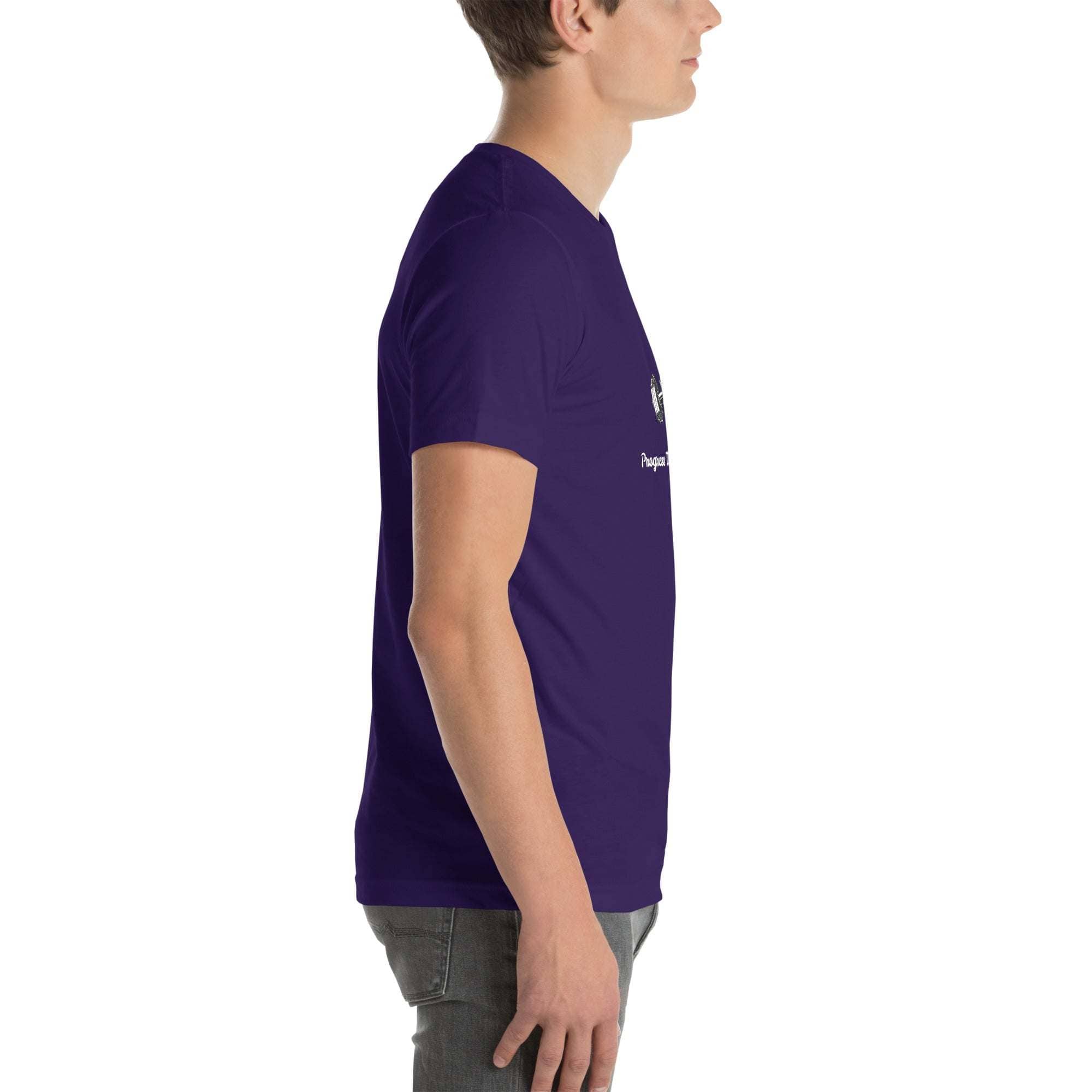 side view of man wearing purple Progress Not Procrastinate T-Shirt with motivational barbell graphic and text