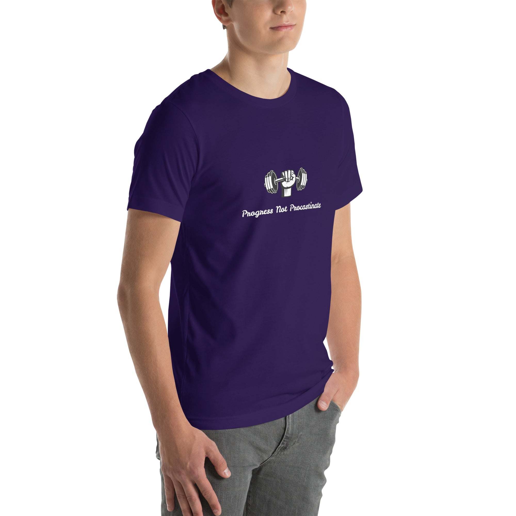 Man wearing purple Progress Not Procrastinate T-Shirt with barbell graphic and motivational text