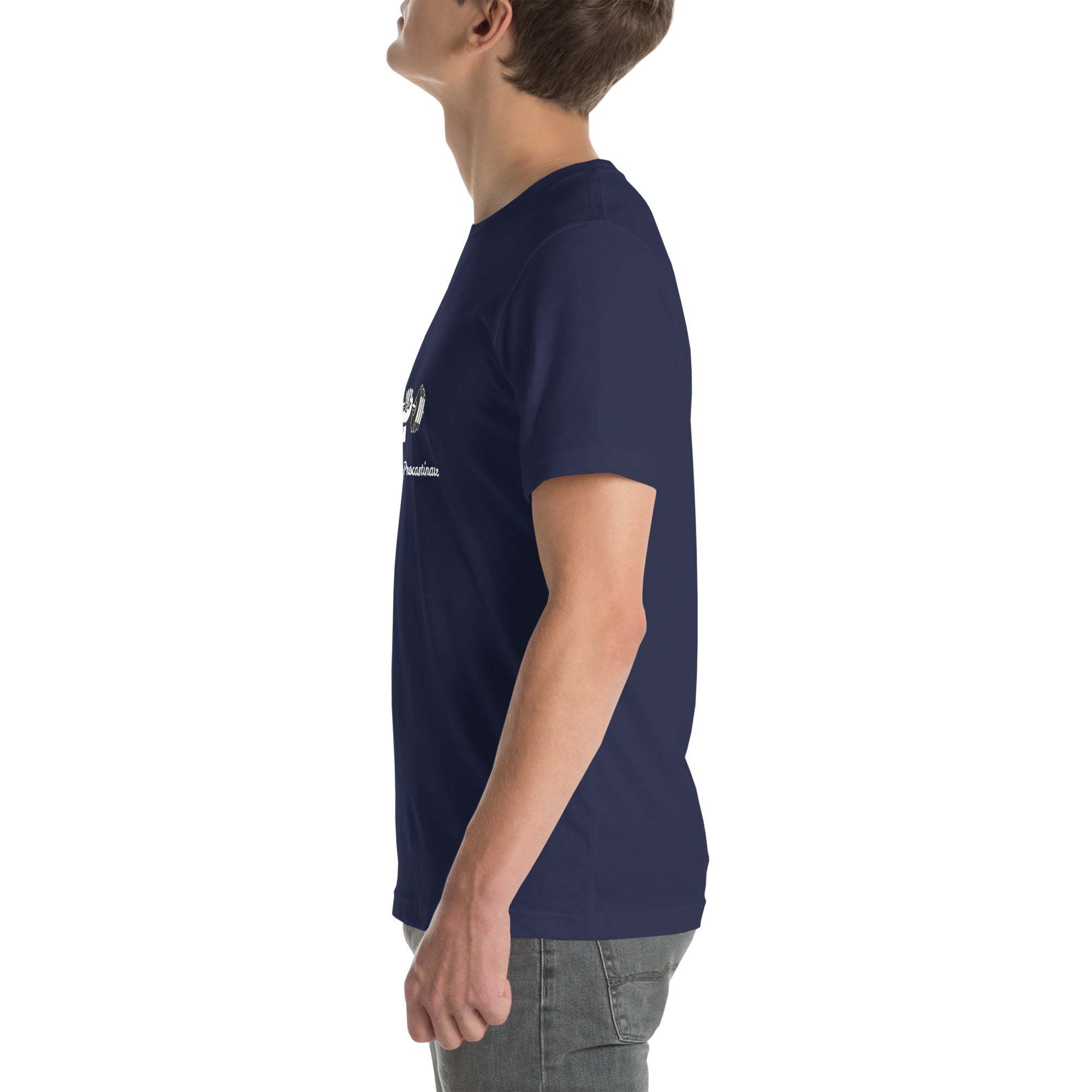 Side view of navy Progress Not Procrastinate T-Shirt on male model, featuring motivational barbell graphic and quote, made of soft breathable cotton.
