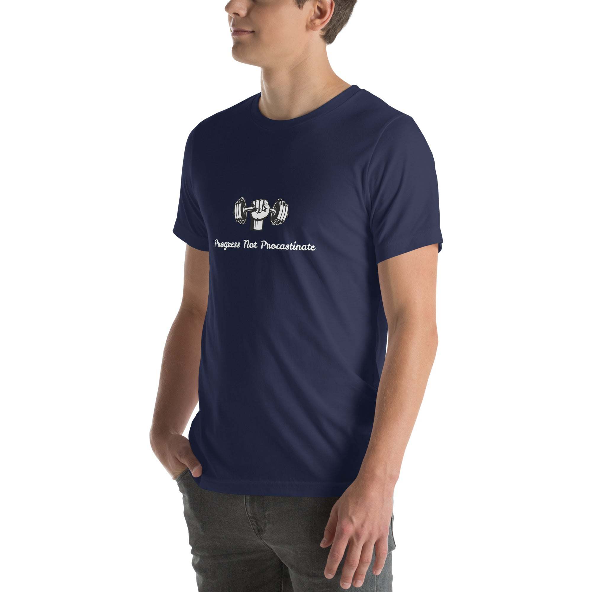 Navy Progress Not Procrastinate T-Shirt with barbell graphic, motivational gym tee for fitness and personal growth, unisex cotton shirt.