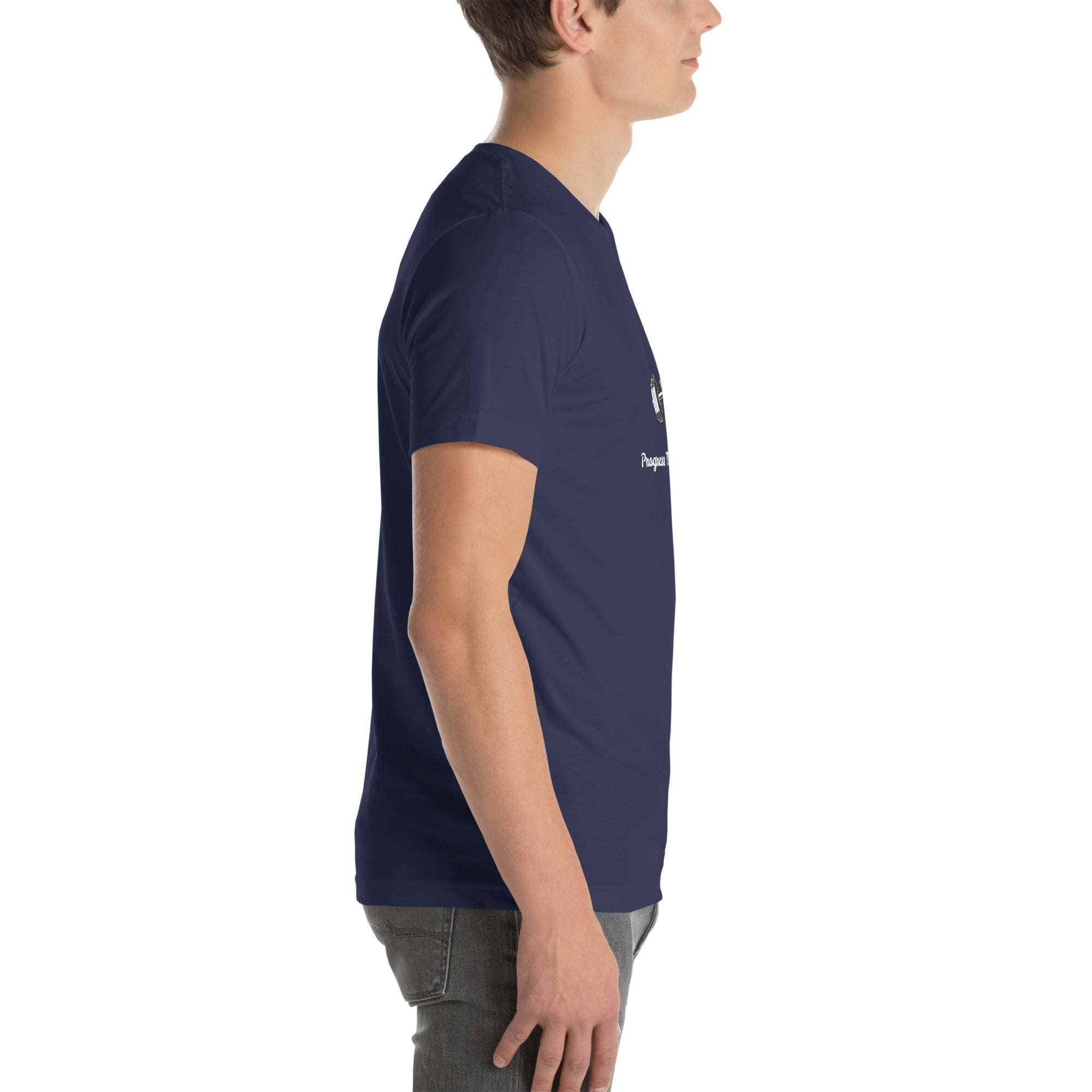 Side view of man wearing navy Progress Not Procrastinate T-Shirt with motivational gym graphic and text