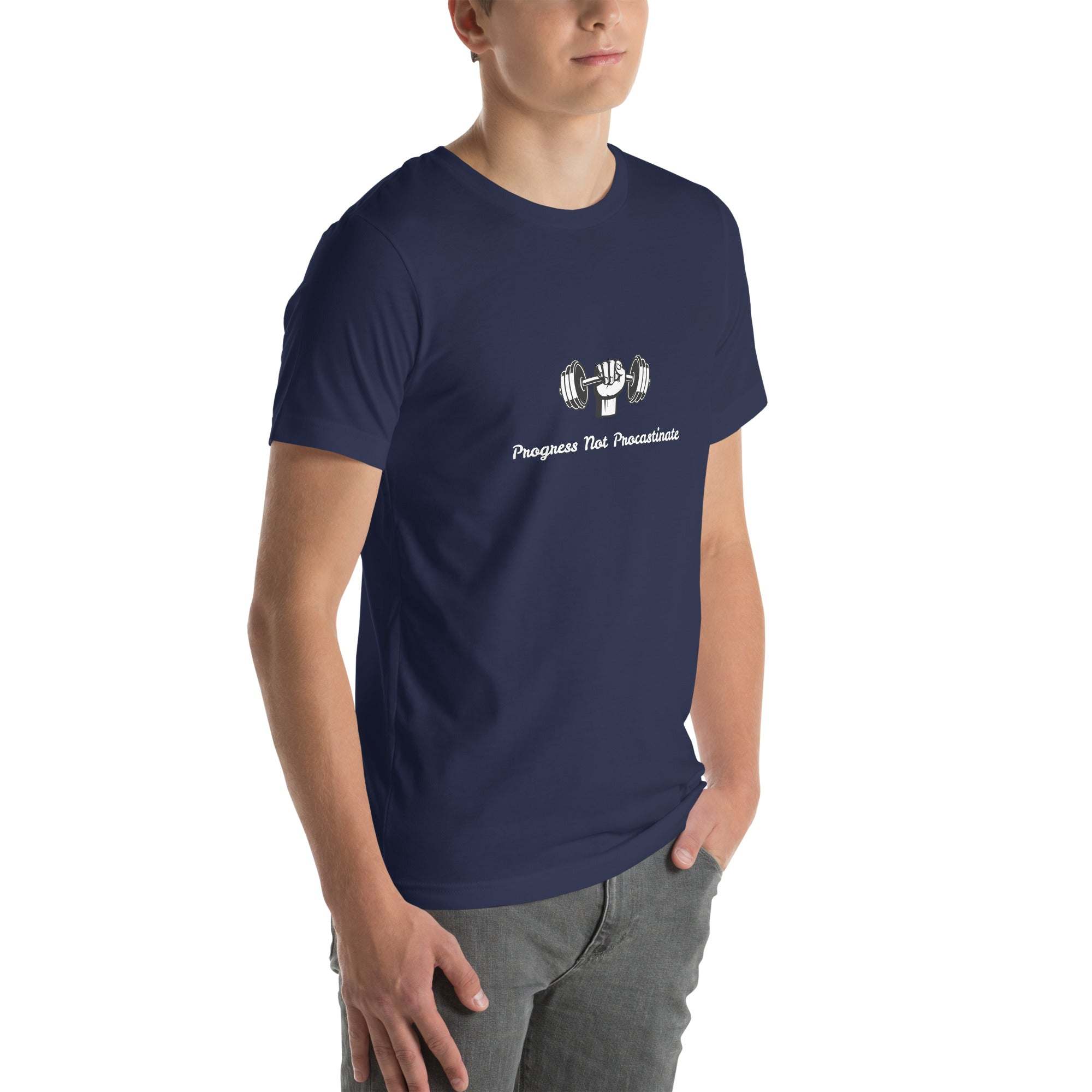 Unisex navy Progress Not Procrastinate T-Shirt with barbell graphic, motivational gym wear in breathable cotton for fitness and casual use