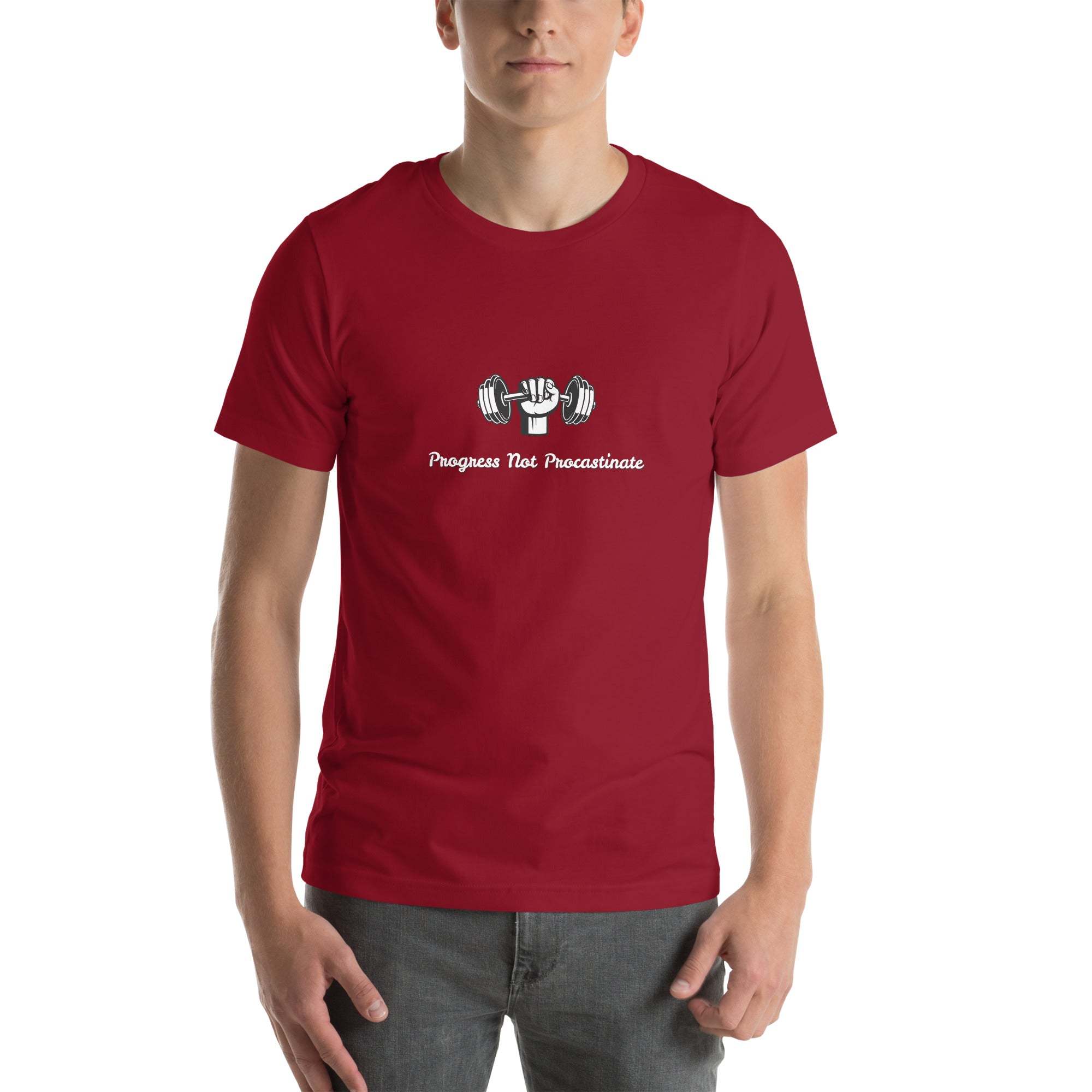 Unisex red Progress Not Procrastinate T-Shirt with barbell graphic, motivational gym tee for fitness and personal growth, soft cotton.