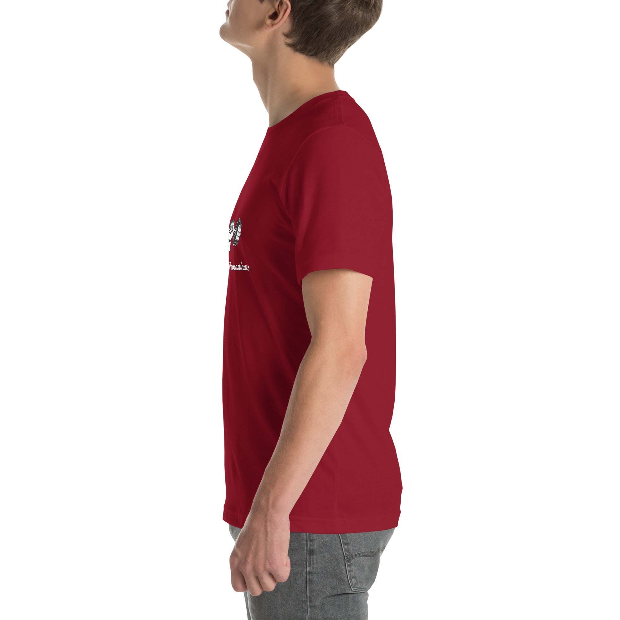 Side view of person wearing red Progress Not Procrastinate T-Shirt with barbell graphic and motivational quote