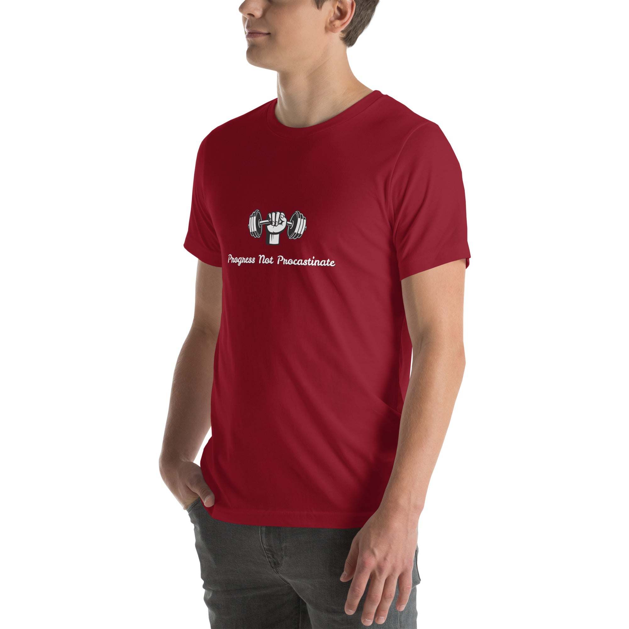 Man wearing a red Progress Not Procrastinate T-Shirt with barbell graphic, motivational gym tee for fitness and personal growth