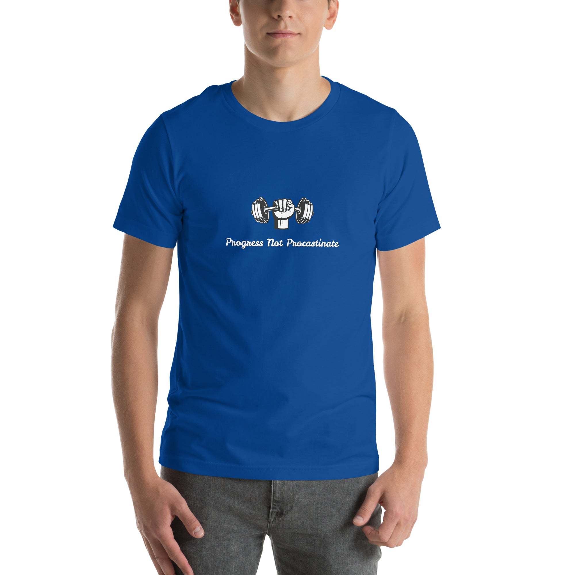 Blue Progress Not Procrastinate T-Shirt with barbell graphic for gym and casual wear
