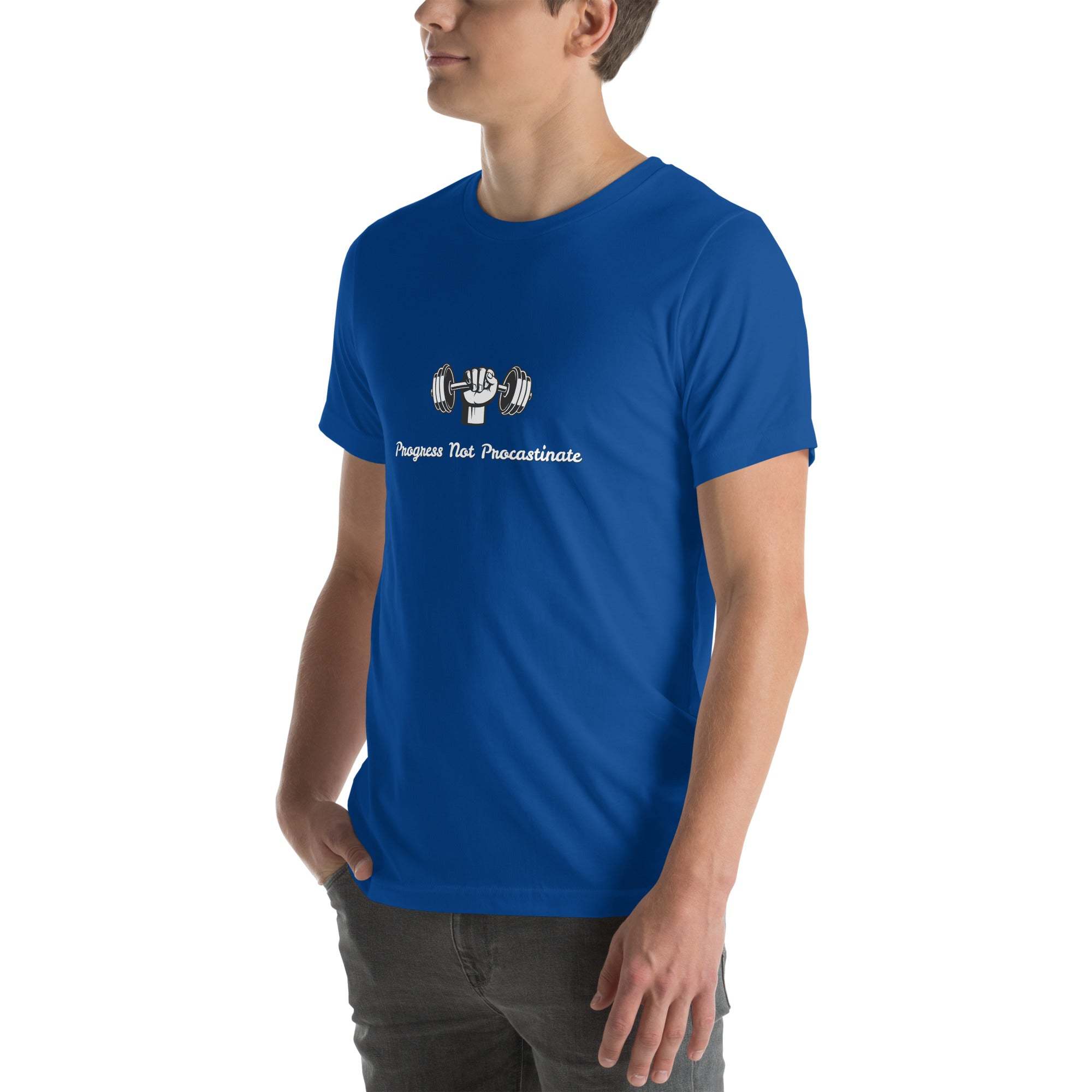 Blue Progress Not Procrastinate T-Shirt with barbell graphic and motivational text, unisex fitness tee made of soft cotton for workout and casual wear