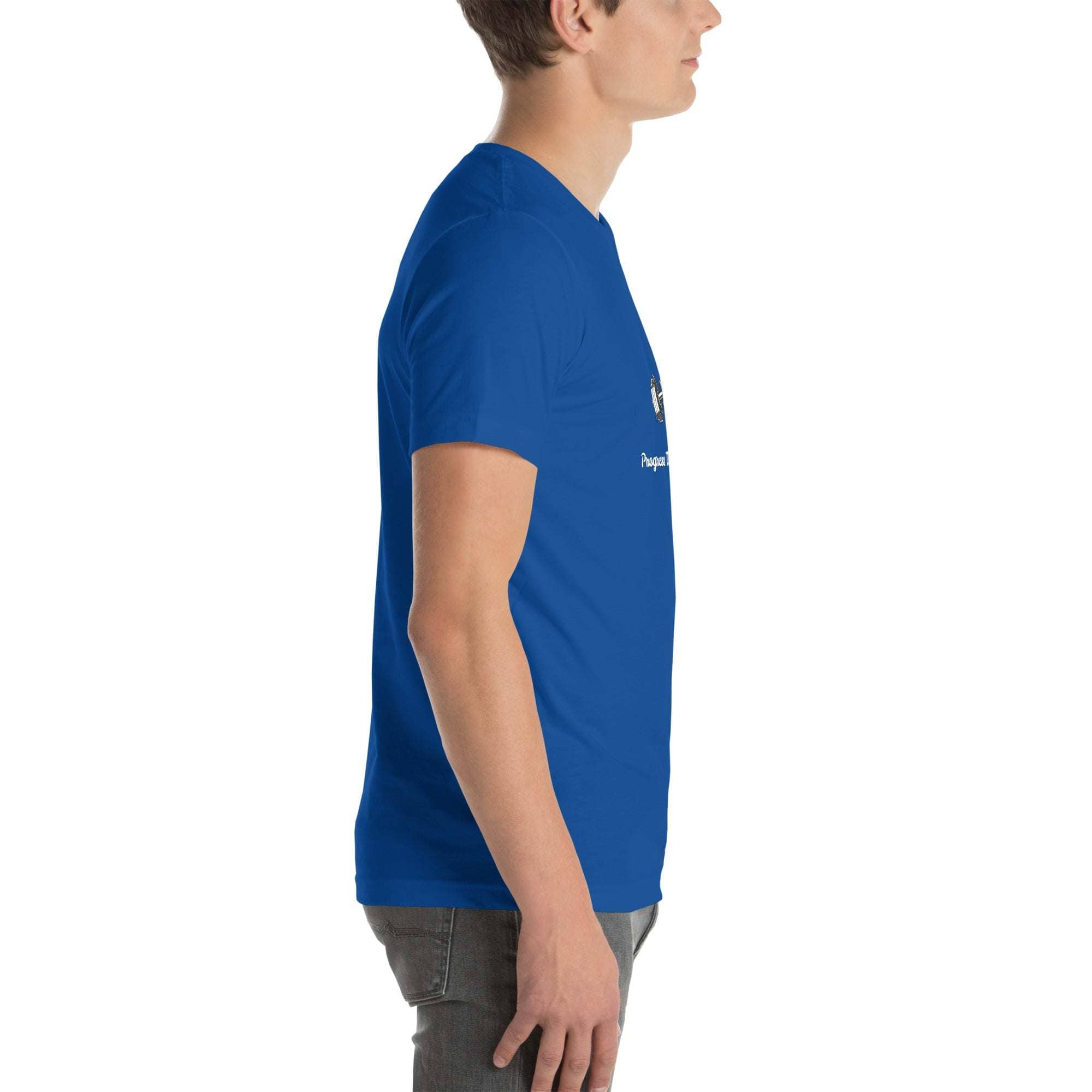 Side view of person wearing blue Progress Not Procrastinate T-Shirt with motivational gym design
