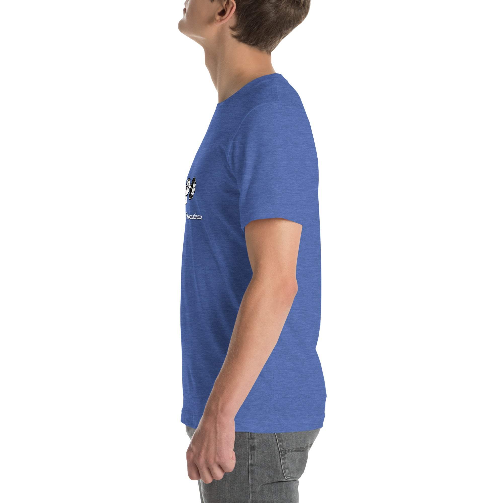 Unisex blue Progress Not Procrastinate T-Shirt with motivational barbell graphic, soft cotton fabric, and casual fit for workouts or everyday wear