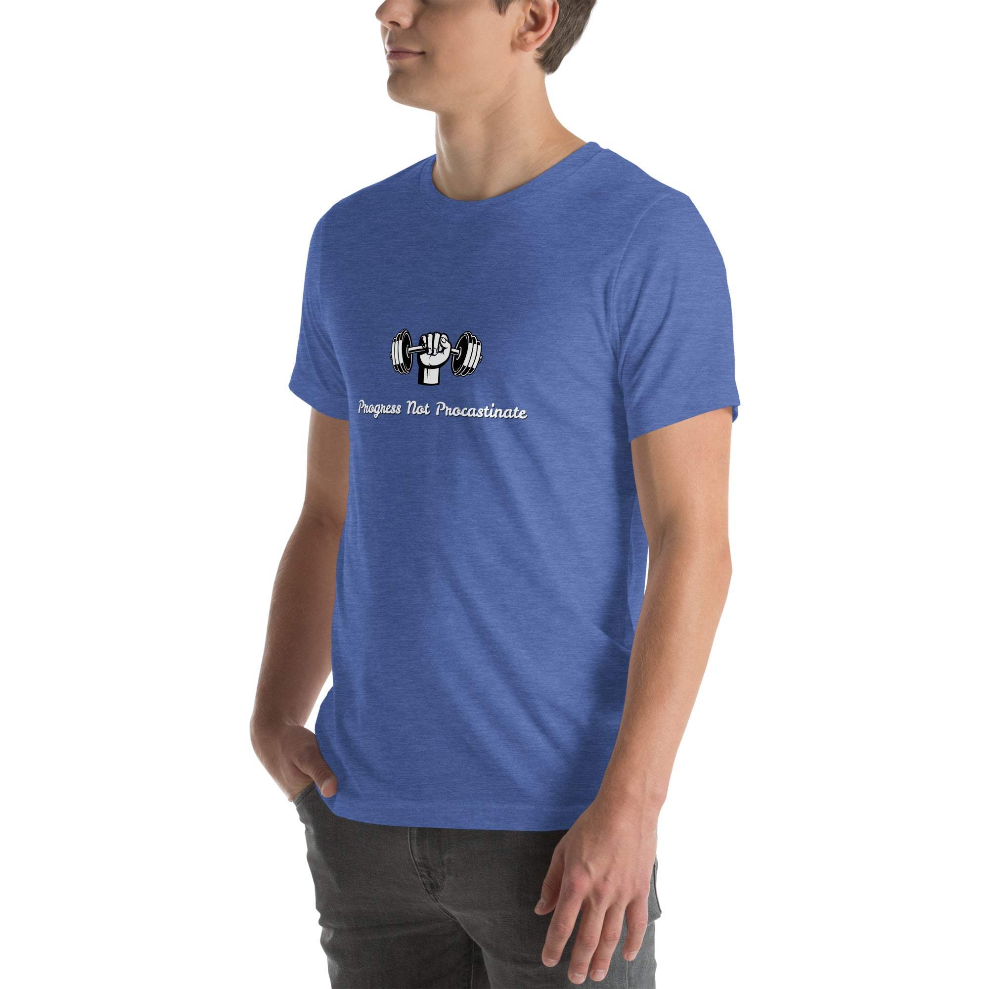 Man wearing blue Progress Not Procrastinate T-Shirt with barbell graphic and motivational text
