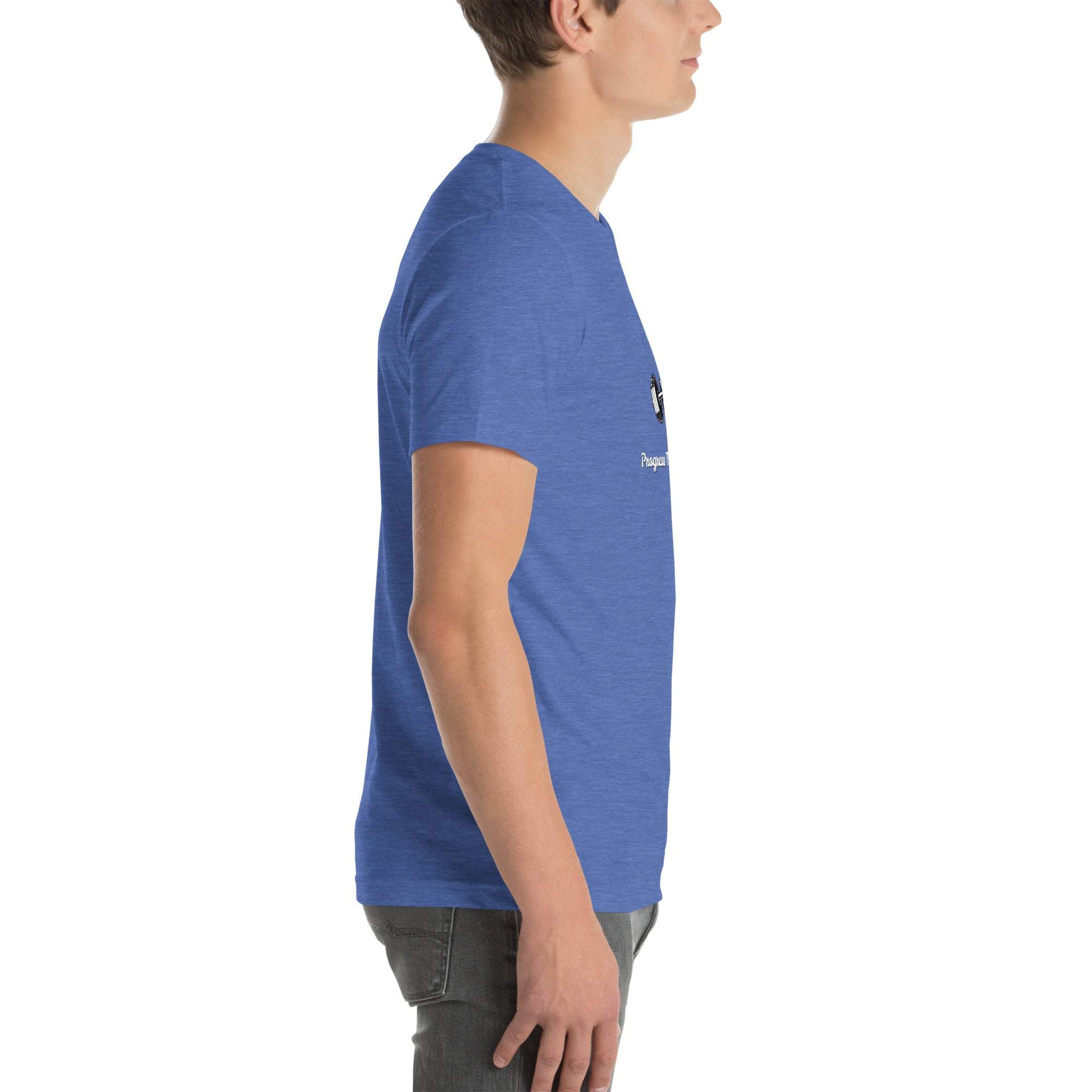 Side view of man wearing blue Progress Not Procrastinate T-Shirt with motivational barbell graphic and quote