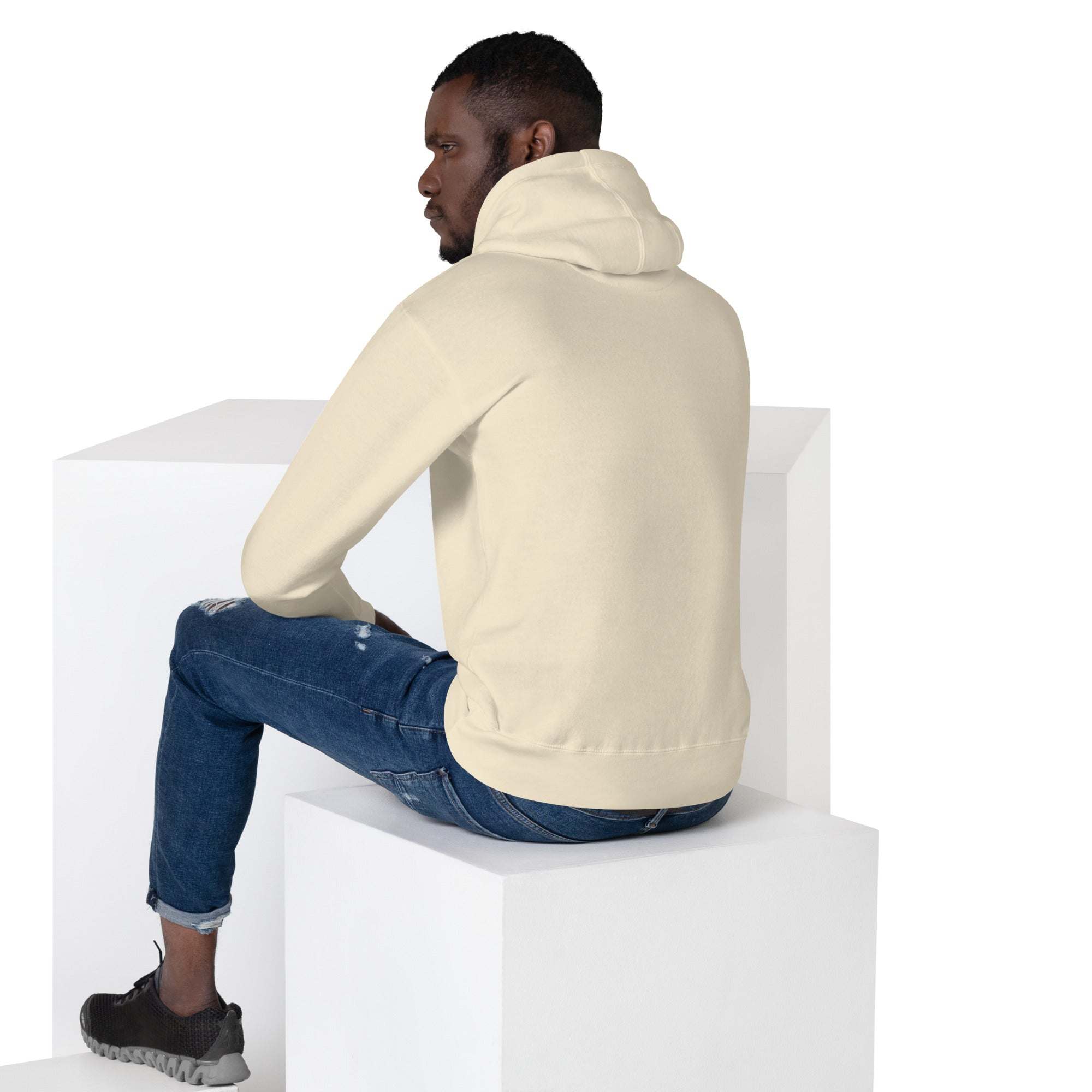 Unisex beige basketball dunk hoodie athletic pullover back view sitting model