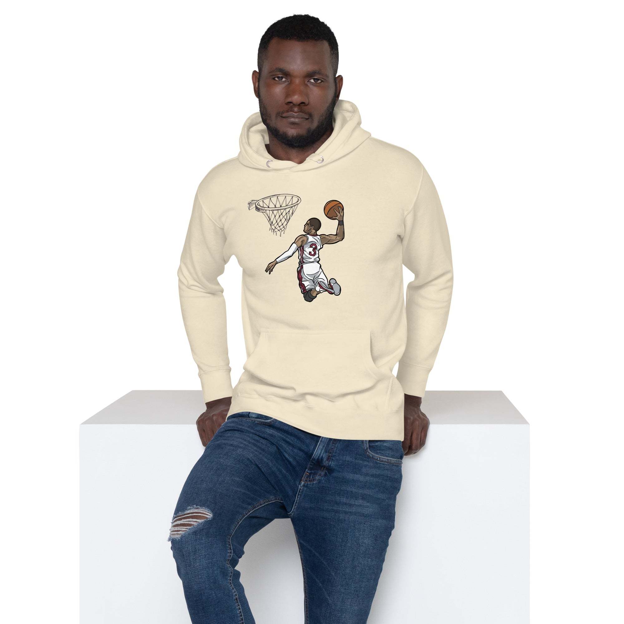 Unisex Basketball Dunk Hoodie with slam dunk graphic, beige pullover, casual athletic wear