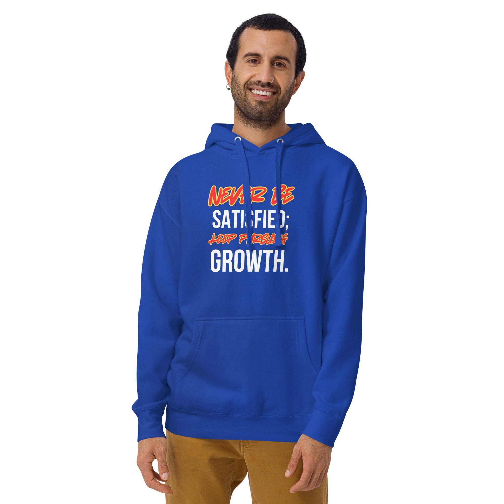 Blue Motivational Keep Seeking Growth Hoodie for men with bold inspirational quote, soft fabric, and comfortable fit