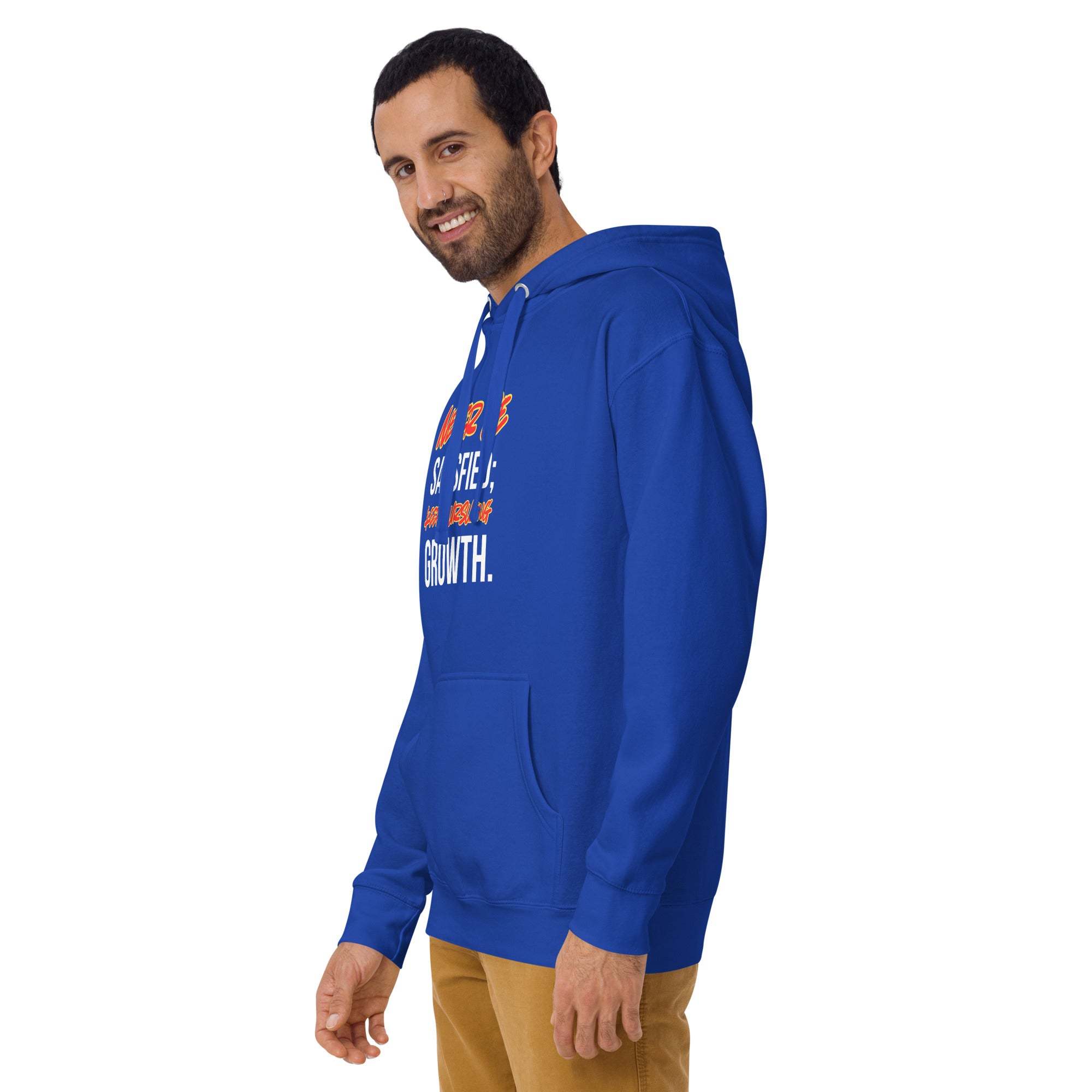 Man wearing blue Keep Seeking Growth Hoodie with motivational quote, casual fit, and hood