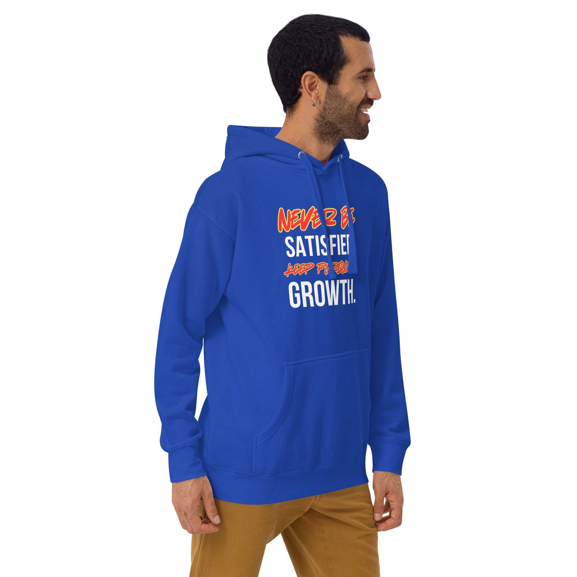 Man wearing blue "Keep Seeking Growth Hoodie" with motivational quote, casual fit, and kangaroo pocket
