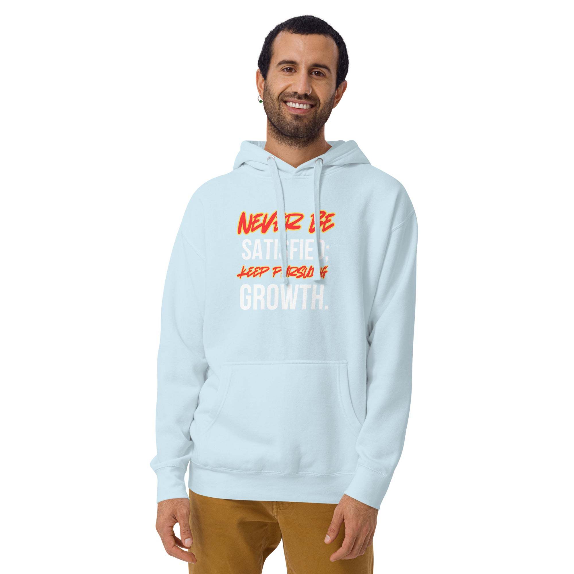 Man wearing light blue Keep Seeking Growth Hoodie with motivational text on front