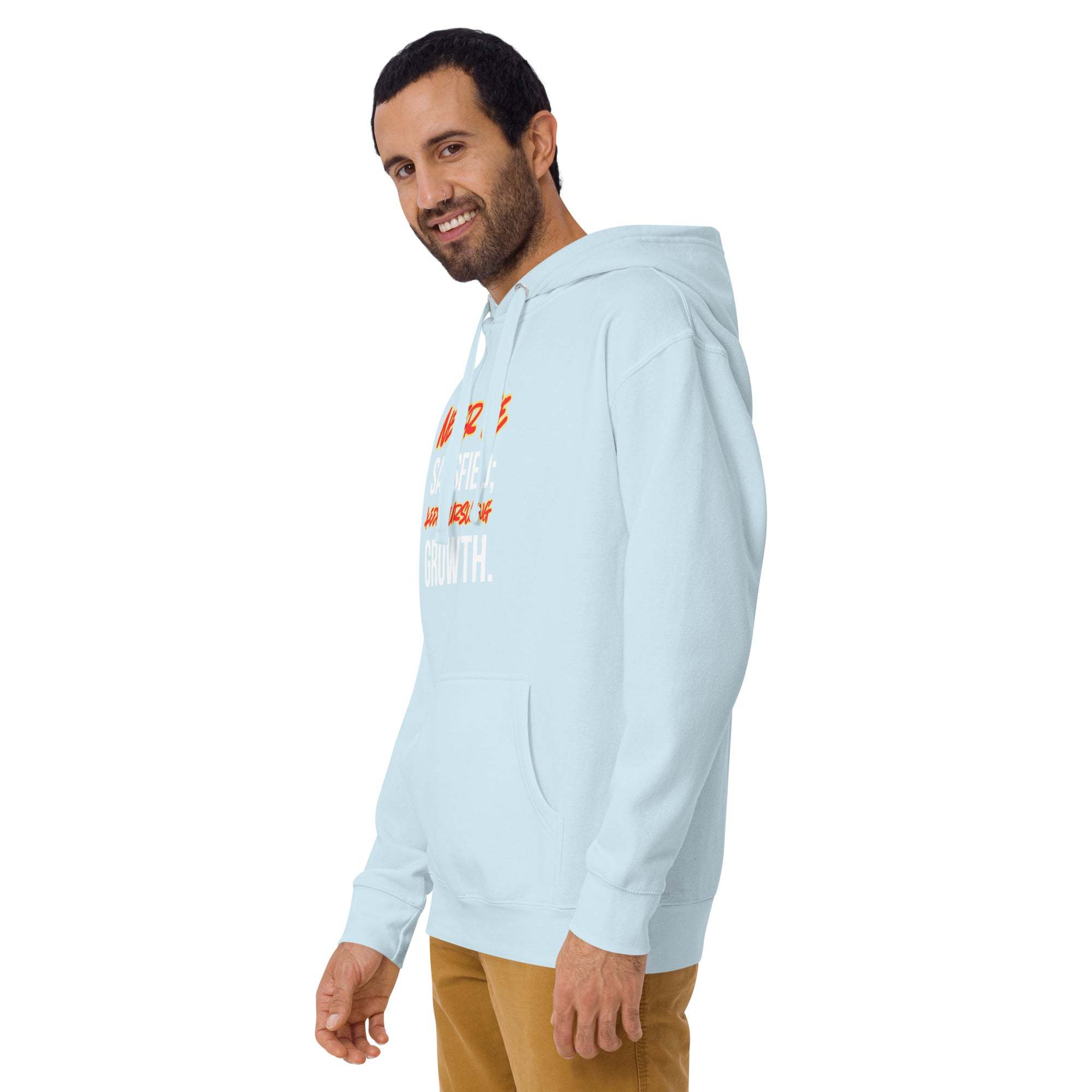 Man wearing light blue Keep Seeking Growth Hoodie with motivational text, casual fit and hood