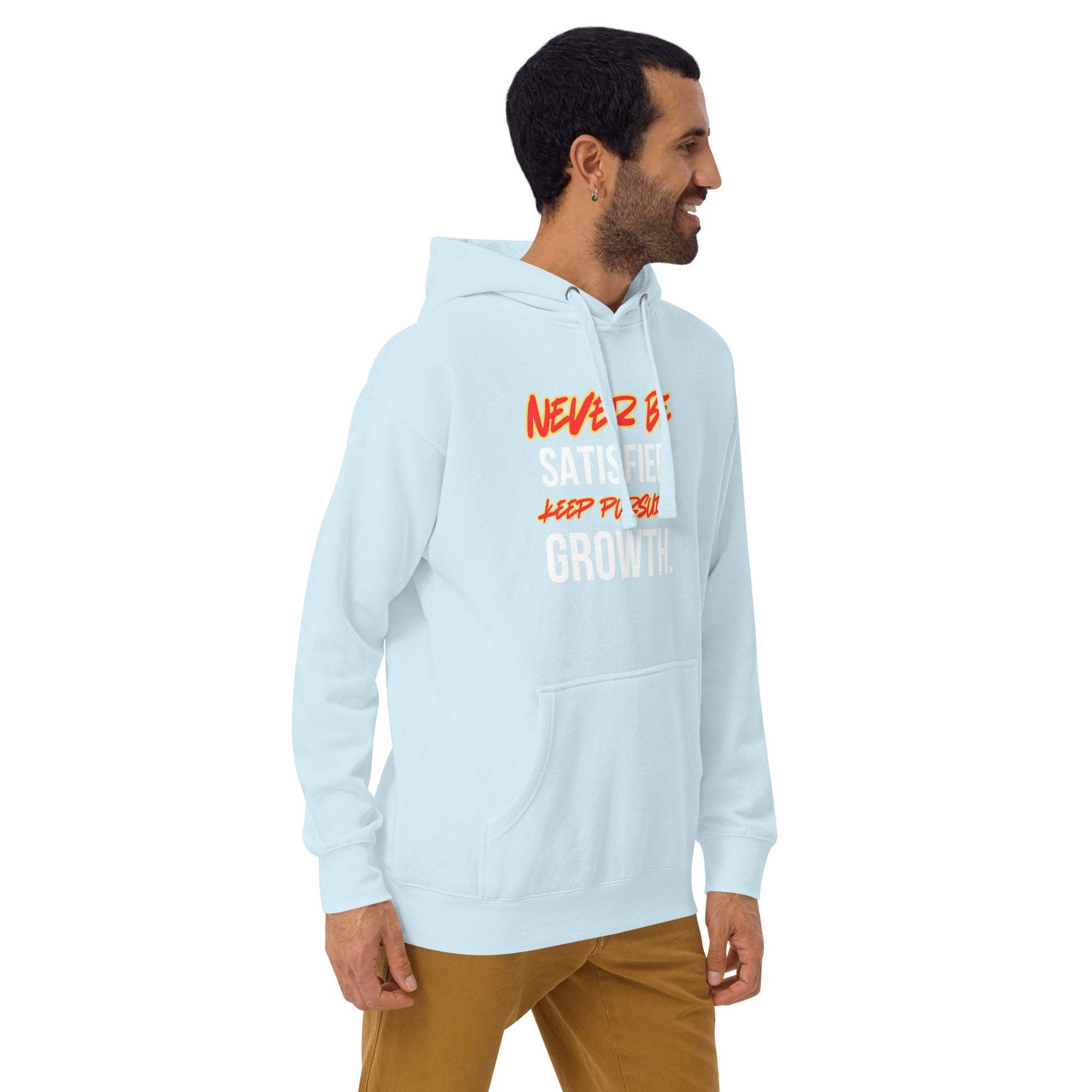 Man wearing light blue Keep Seeking Growth Hoodie with motivational text on front