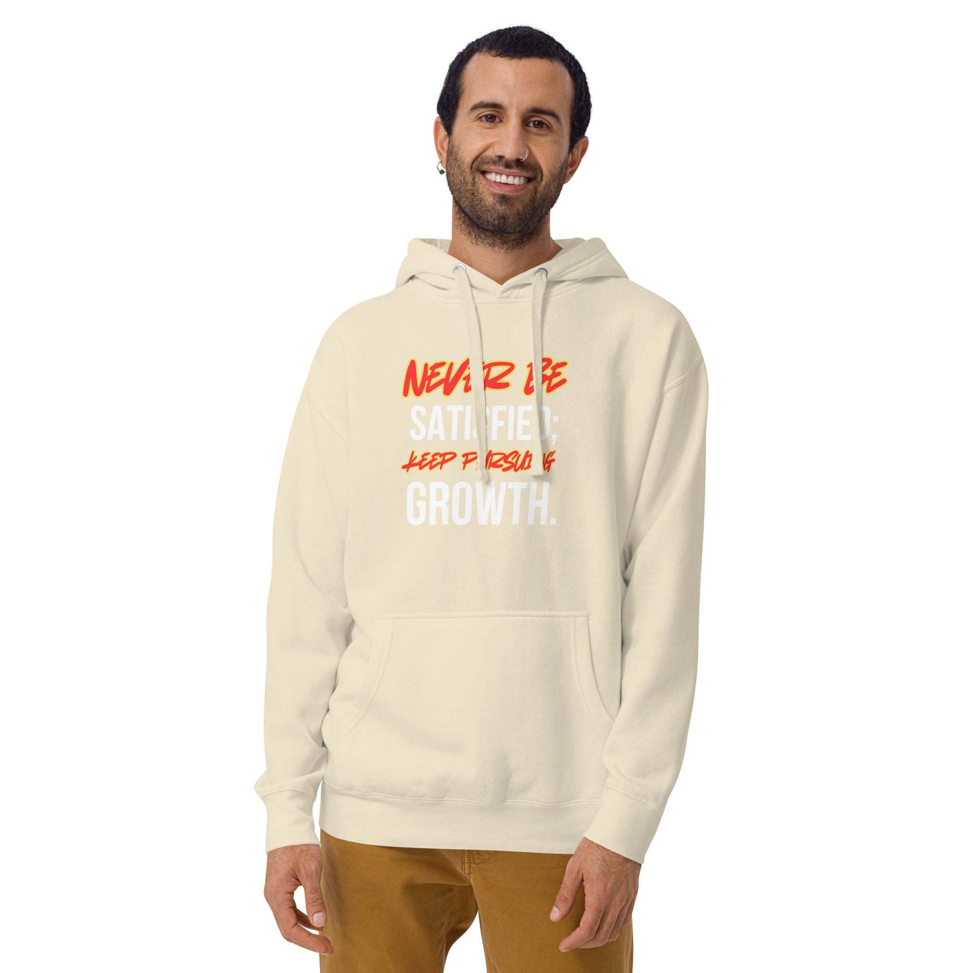 Man wearing beige Keep Seeking Growth hoodie with motivational text, casual fit and drawstring hood