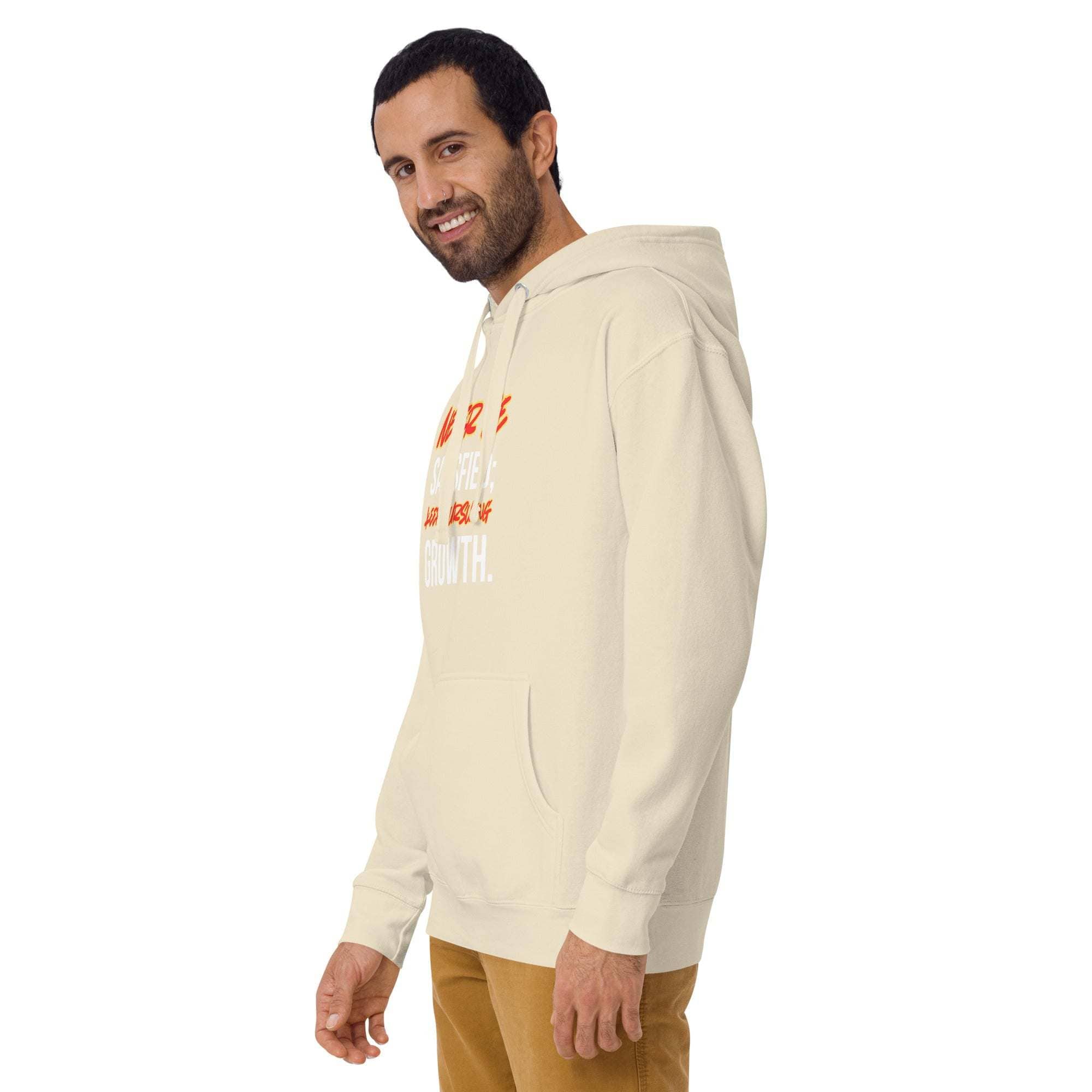 Man wearing beige Keep Seeking Growth hoodie with motivational quote, casual fit, and kangaroo pocket