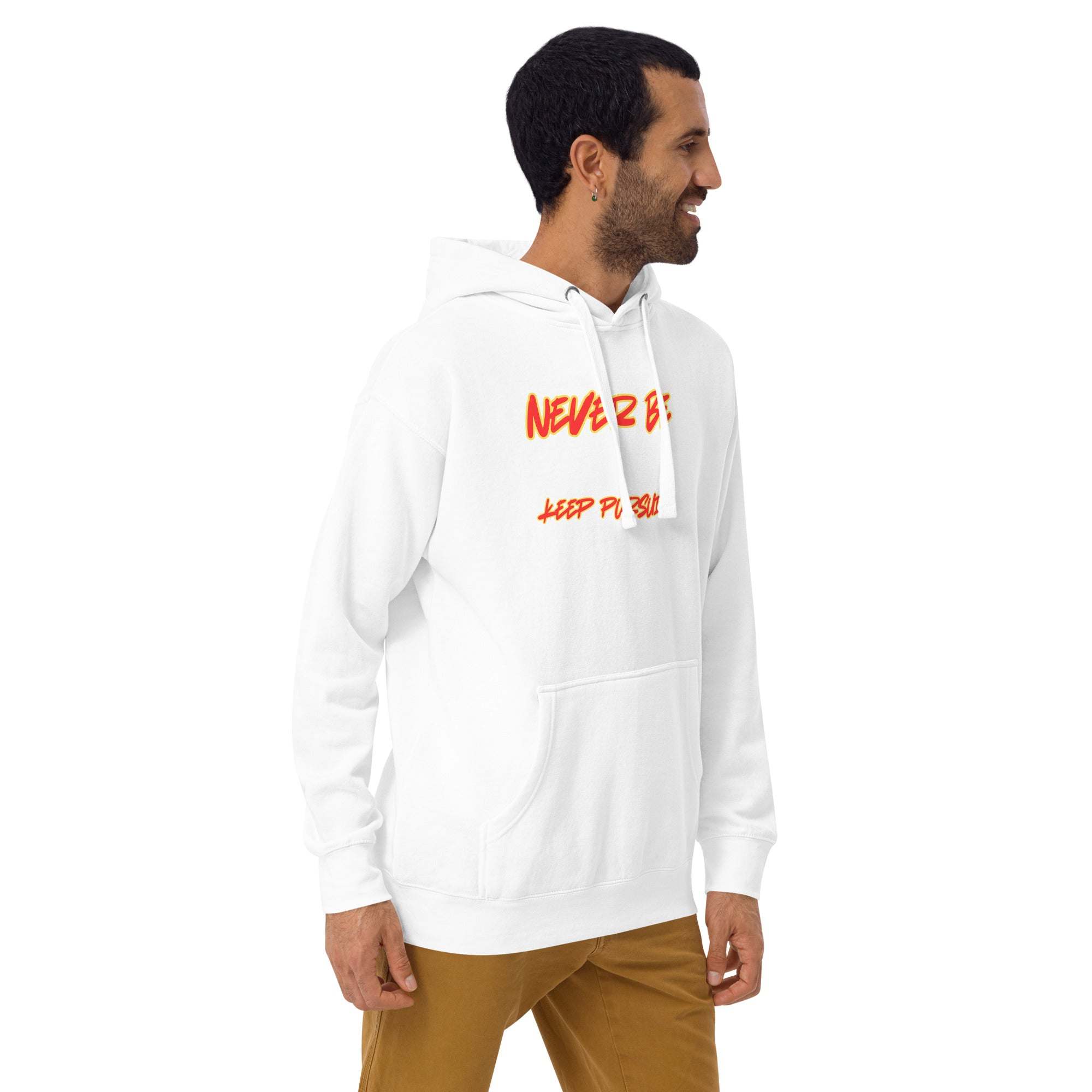 Man wearing white Keep Seeking Growth Hoodie with motivational text, casual fit and comfortable style.