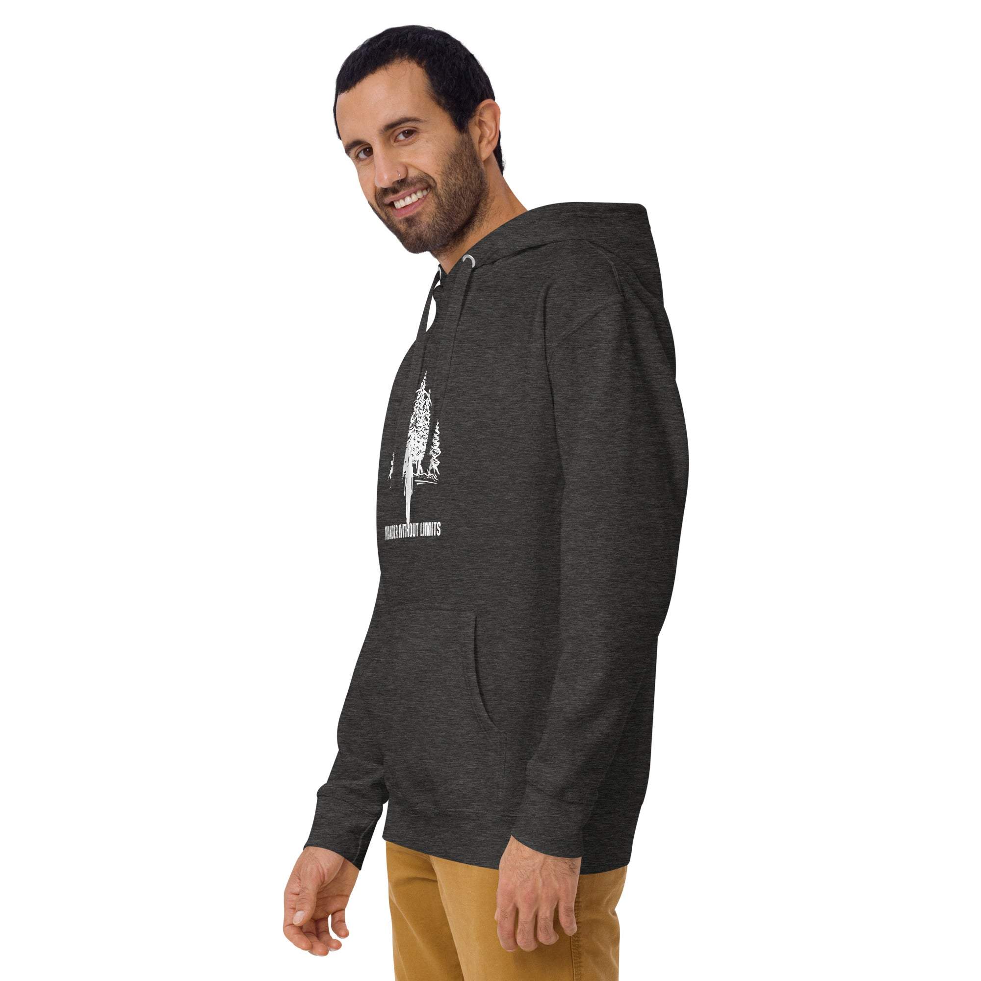 Wander Without Limits Hoodie featuring a wilderness graphic, soft cotton-poly blend, unisex fit, and cozy design for outdoor adventures.