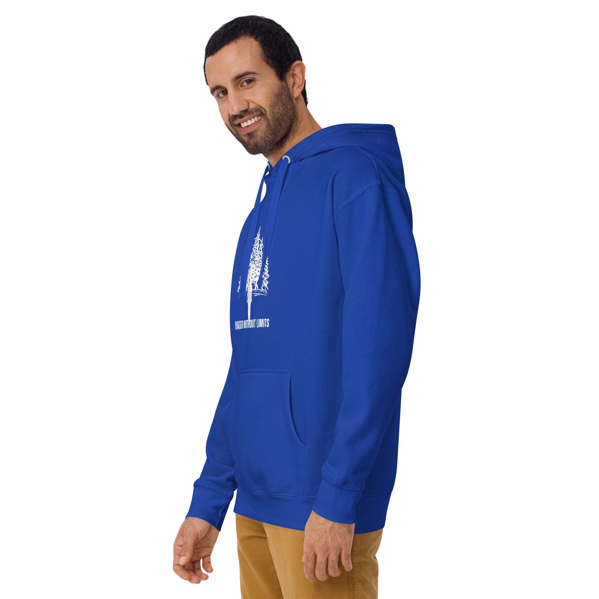 Man wearing blue Wander Without Limits Hoodie with wilderness graphic and front pocket
