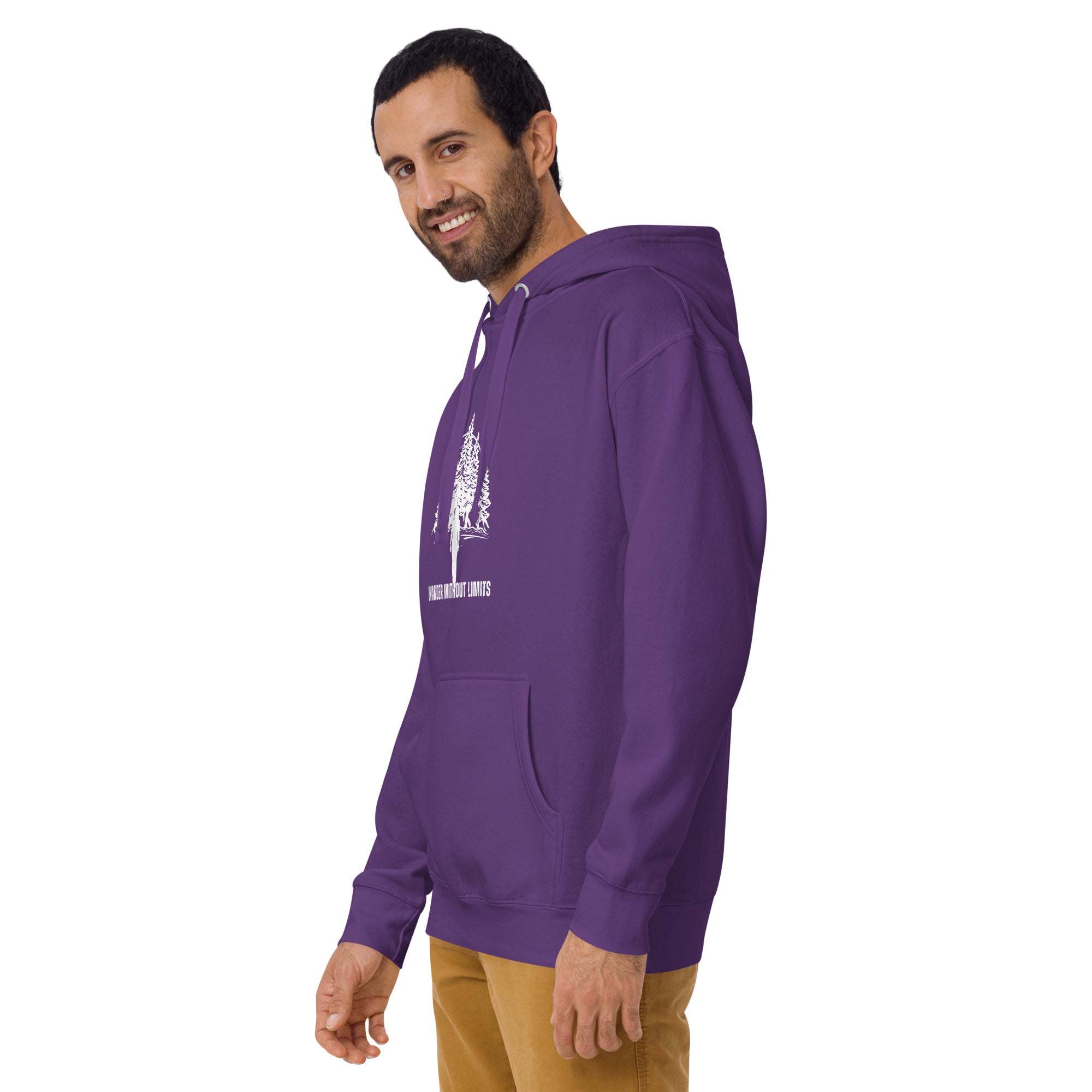 Purple Wander Without Limits Hoodie with wilderness graphic, unisex fit, cozy cotton-poly blend, ideal for hikers and outdoor lovers