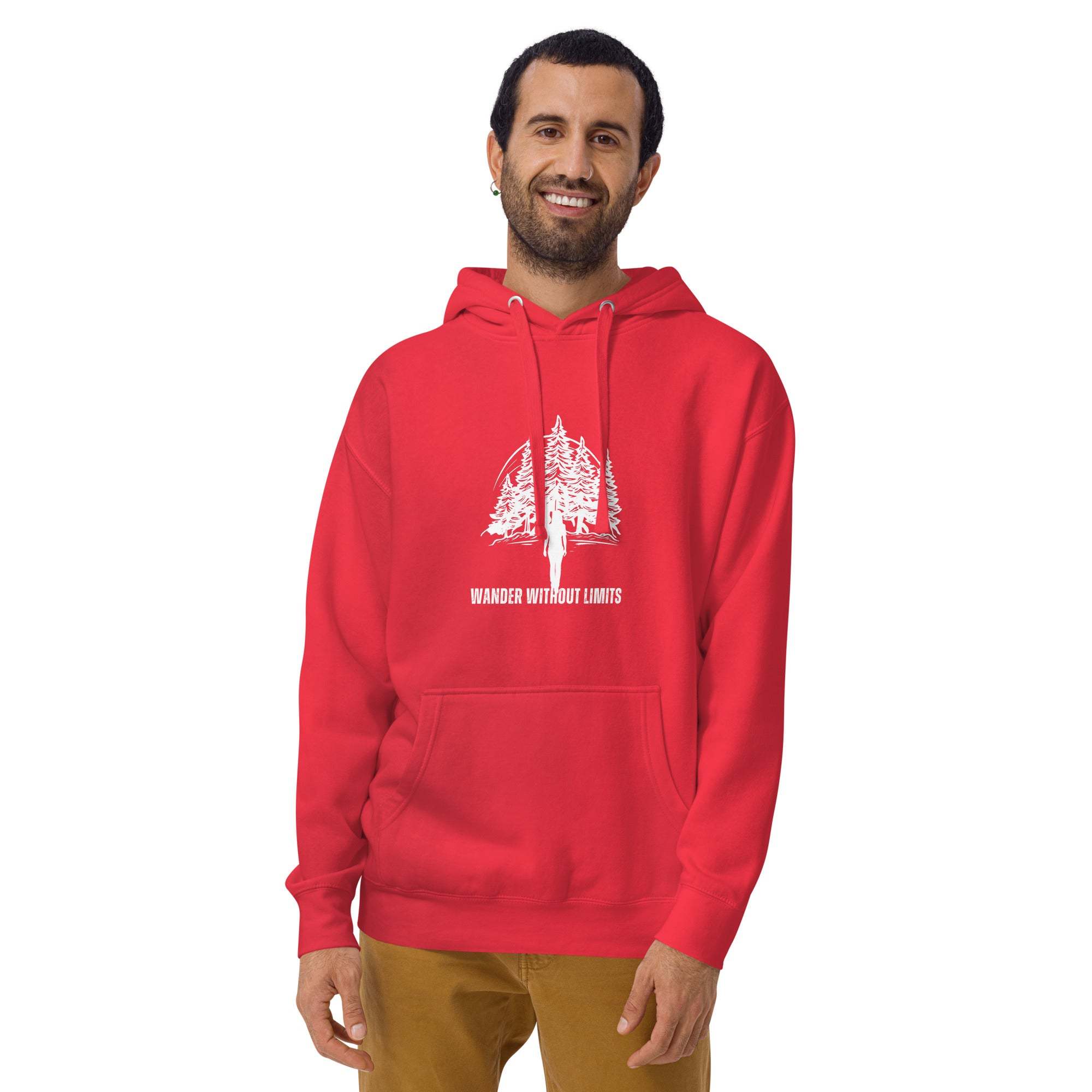 Man wearing red Wander Without Limits Hoodie with wilderness graphic and front pocket
