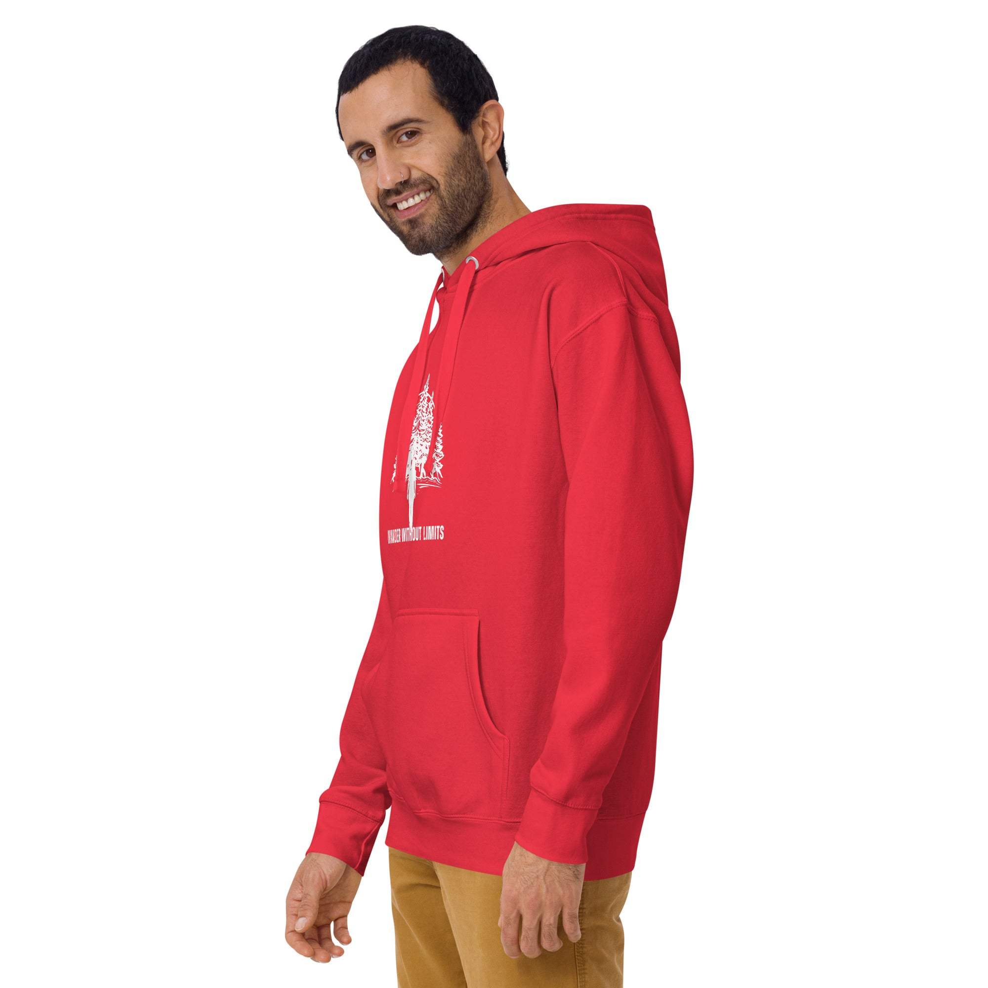 Man wearing red Wander Without Limits Hoodie with wilderness graphic and front pocket.