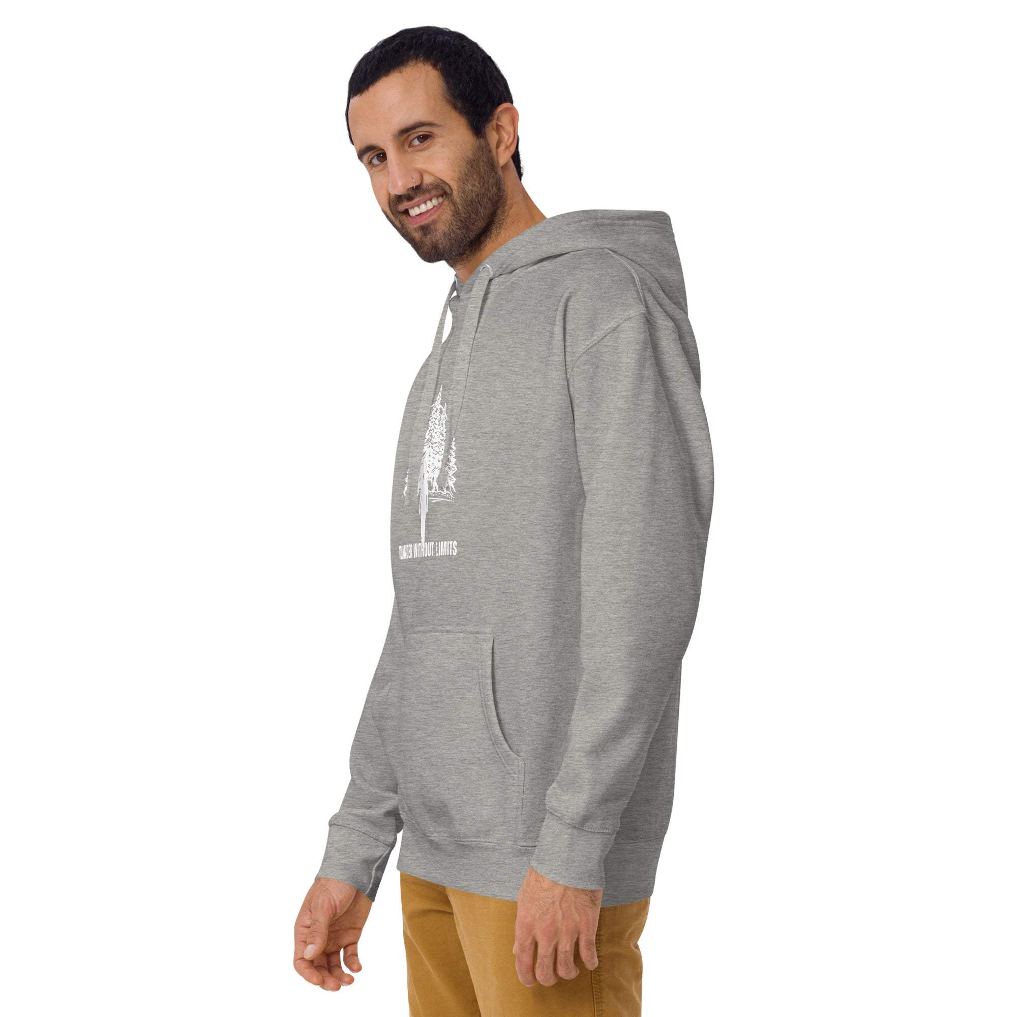 Wander Without Limits Hoodie gray outdoor adventure hoodie with tree graphic and front pocket worn by smiling man