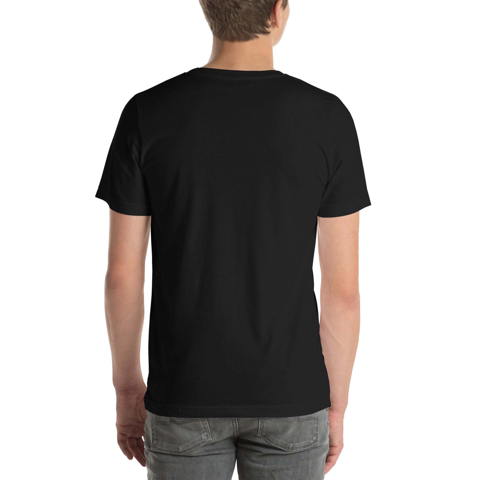 Back view of a person wearing a black Ride the Wave T-Shirt with a unisex fit and soft cotton fabric.