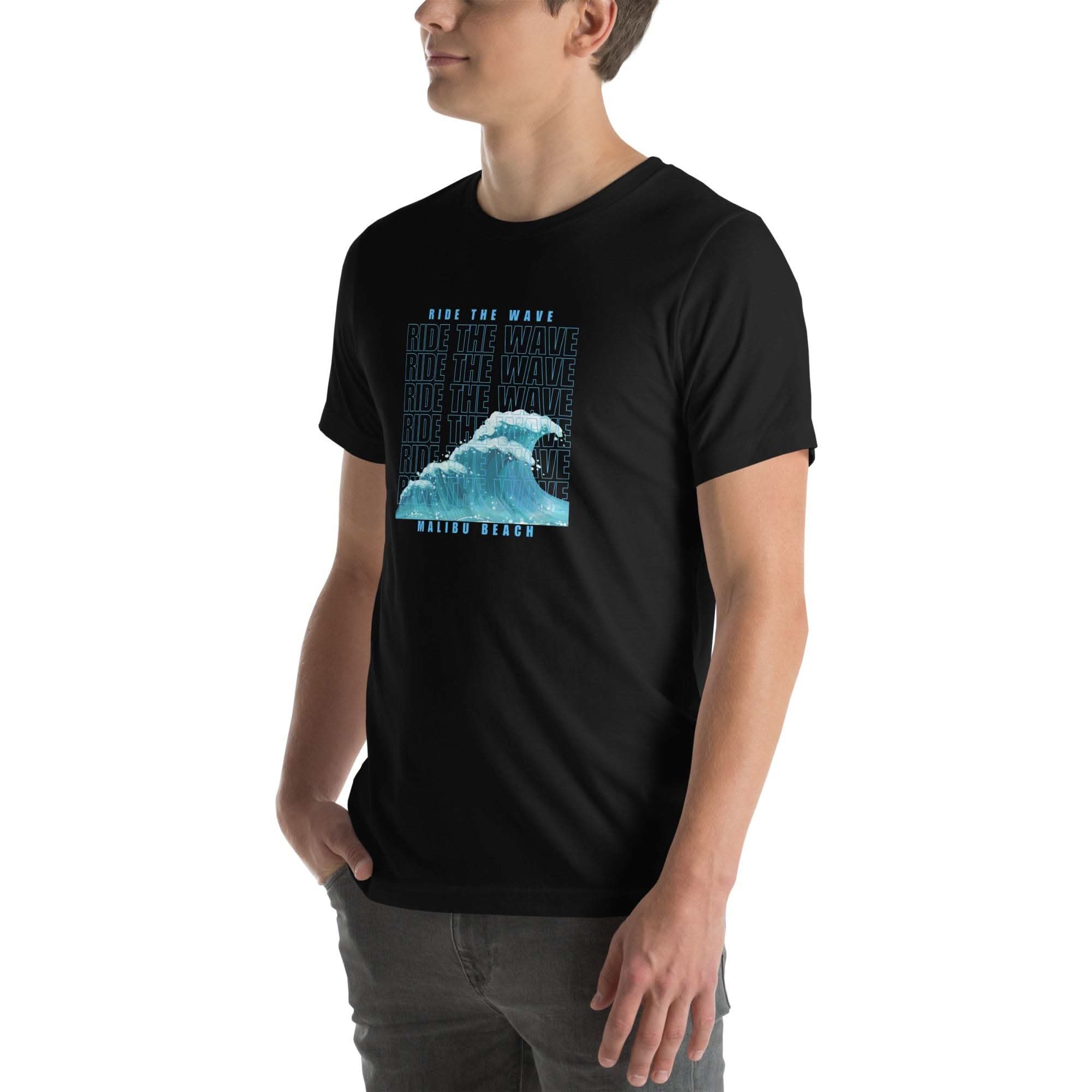 Ride the Wave T-Shirt with retro wave design on black cotton tee, unisex fit for surfers and ocean lovers