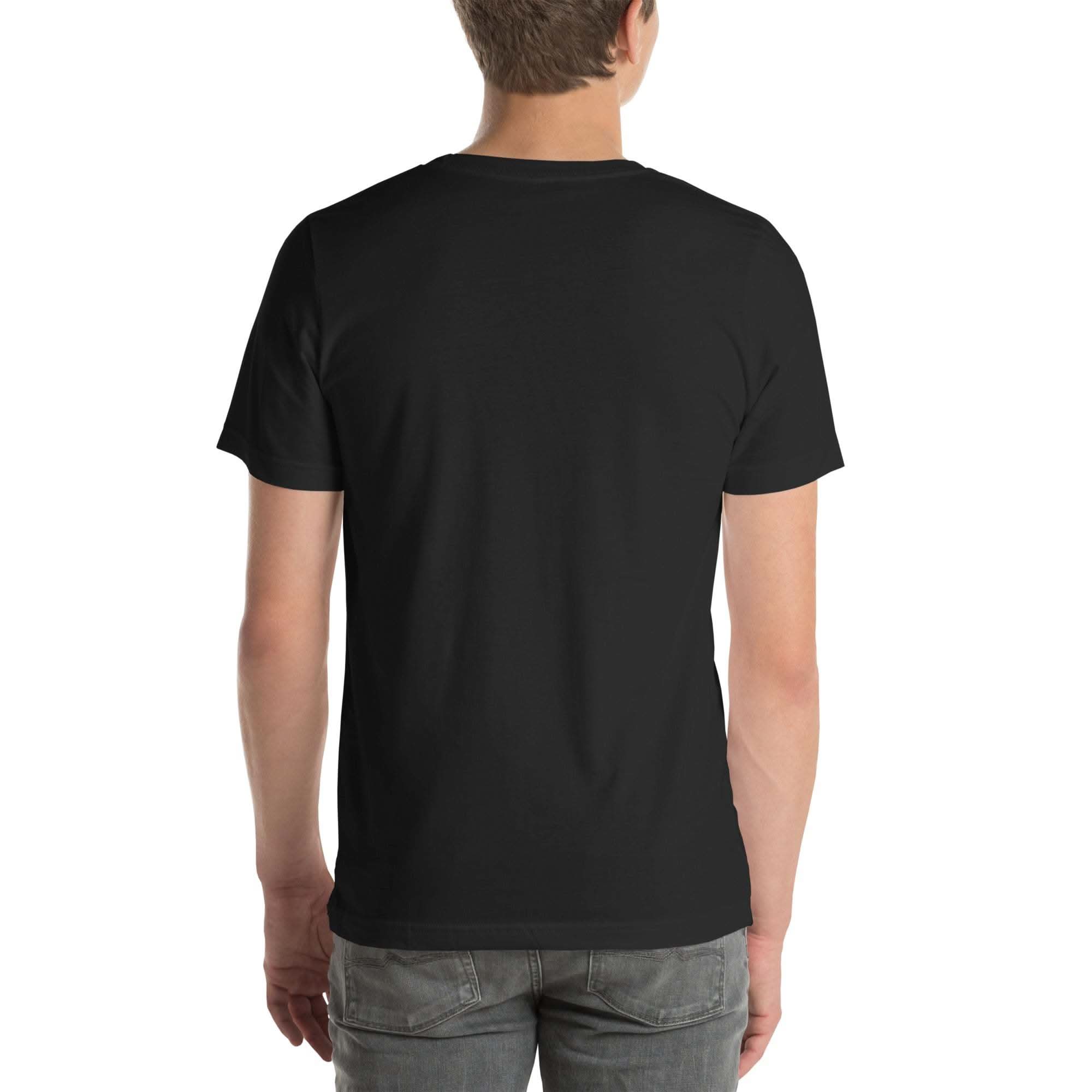 Back view of a person wearing a black Ride the Wave T-Shirt with a unisex fit and short sleeves