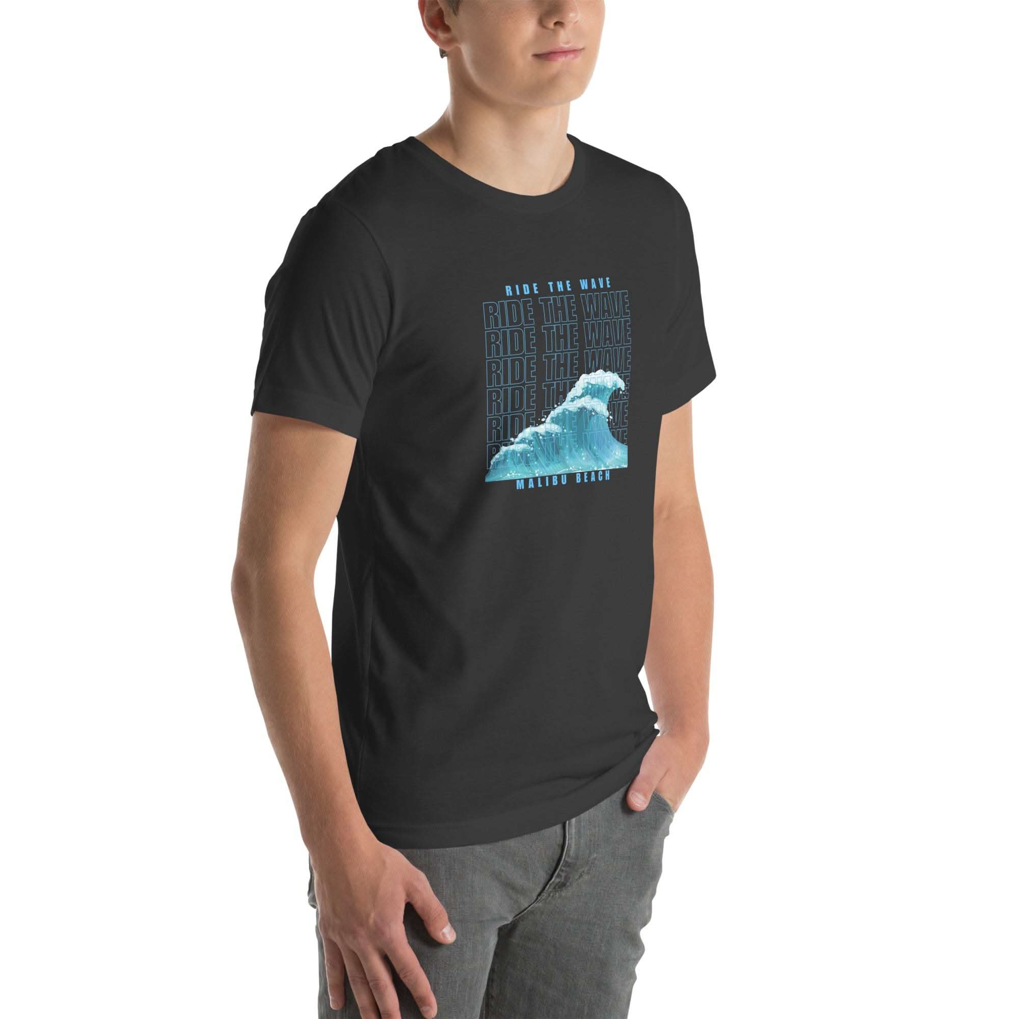 Unisex black Ride the Wave T-Shirt with retro wave design, breathable cotton, casual beachwear for surfers and ocean lovers