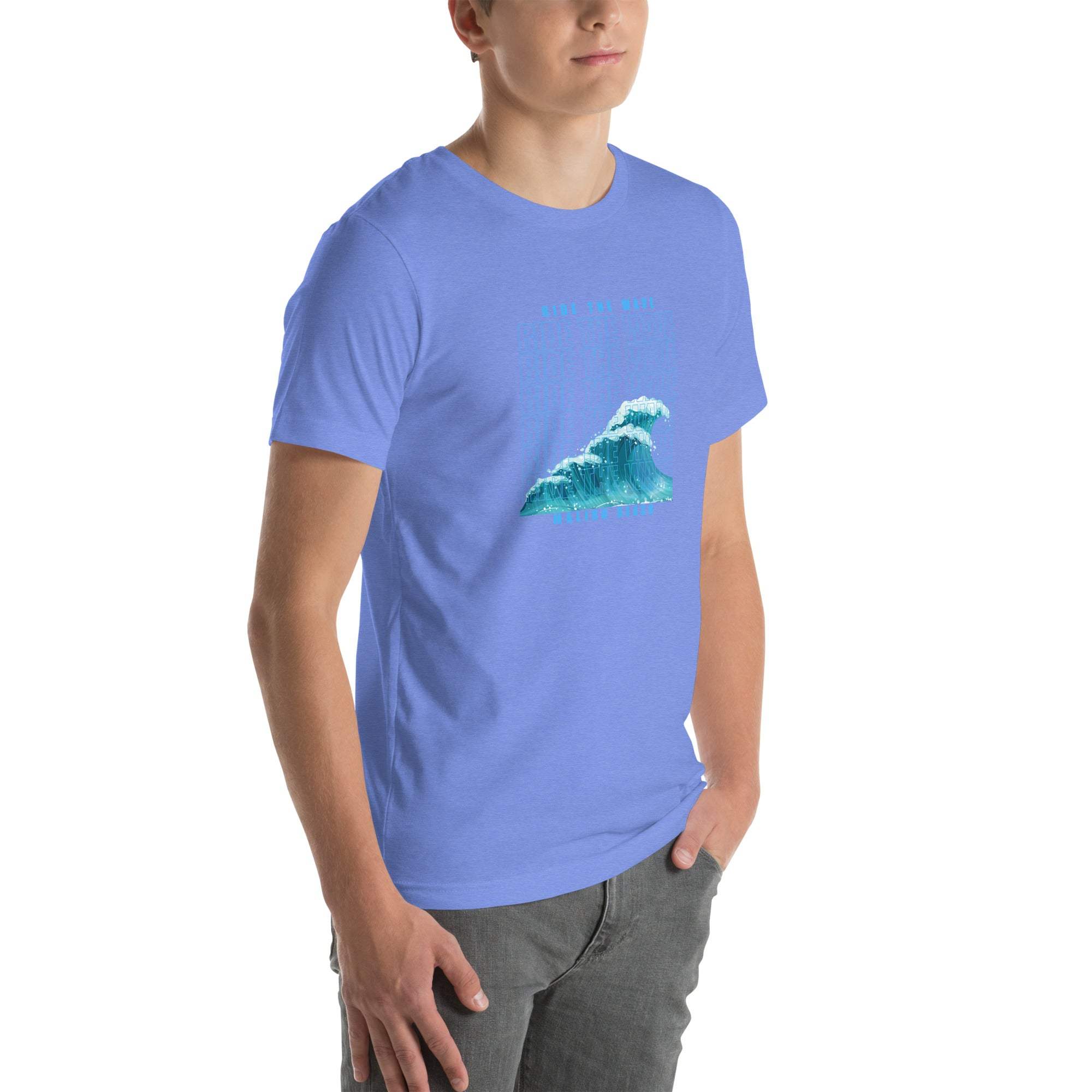 Unisex Ride the Wave T-Shirt in blue with retro wave design, soft breathable cotton, casual beachwear ideal for surfers and ocean lovers