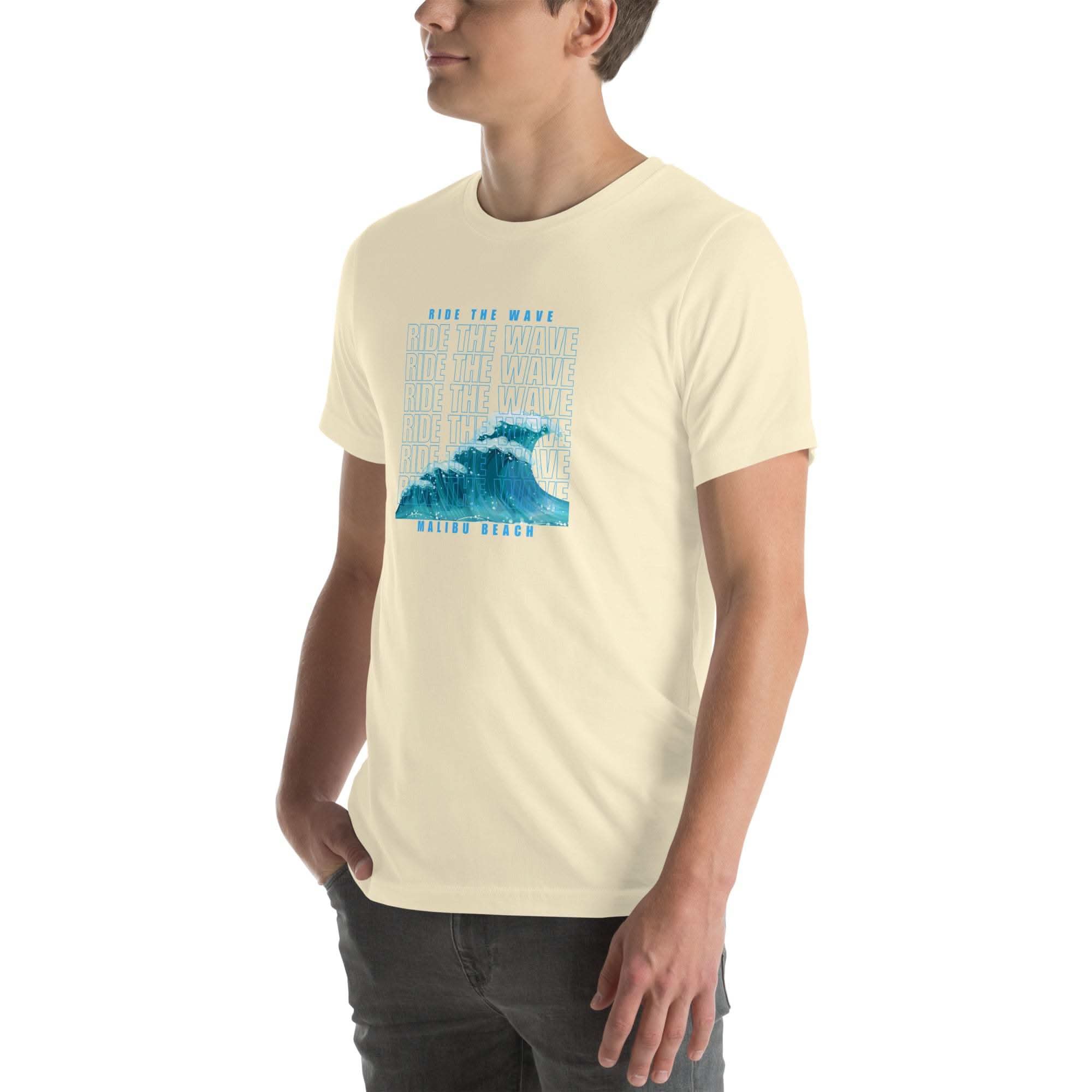 Unisex Ride the Wave T-Shirt with retro wave design, soft cotton, and casual beach style
