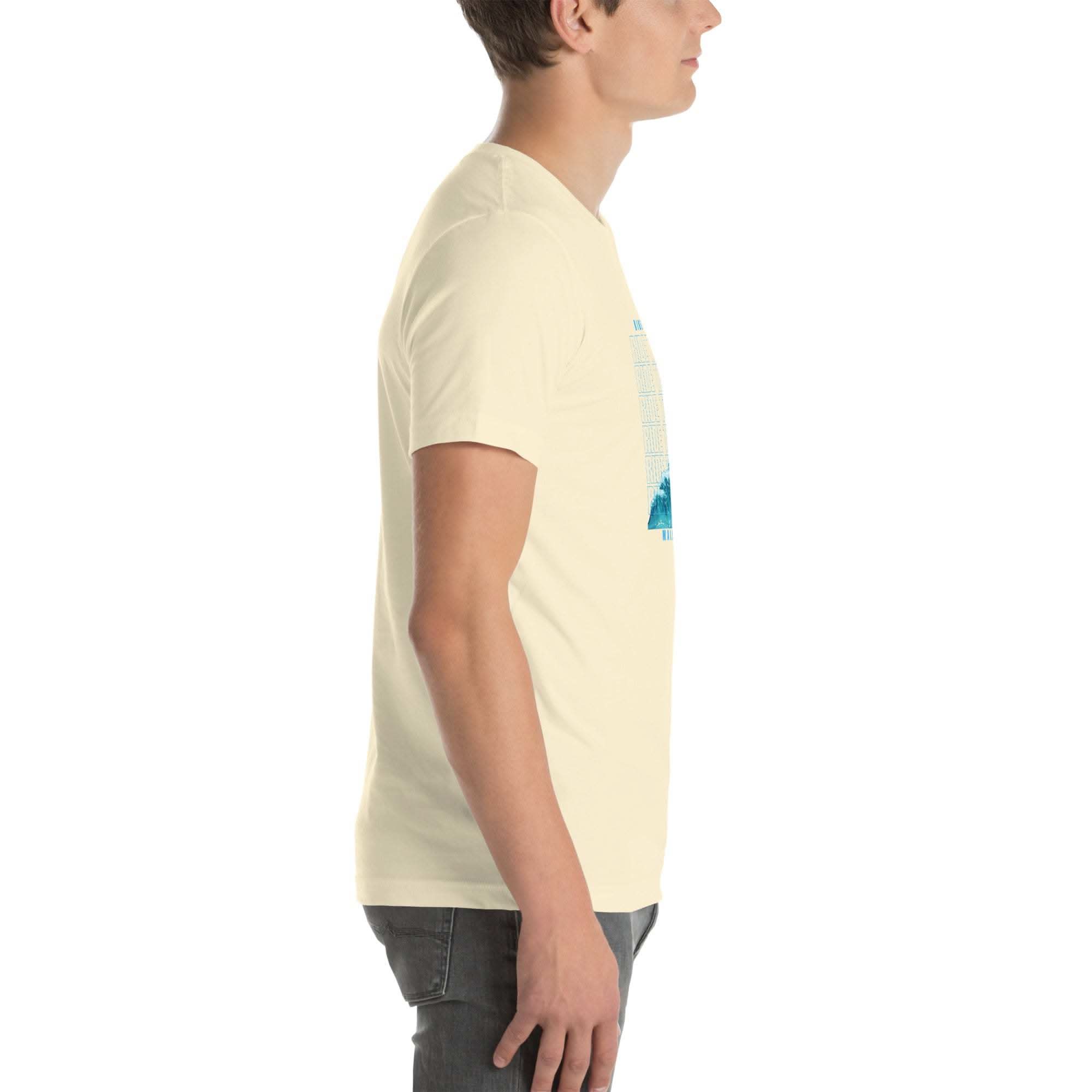 Ride the Wave T-Shirt side view of man wearing beige unisex cotton tee with wave design, casual beachwear style