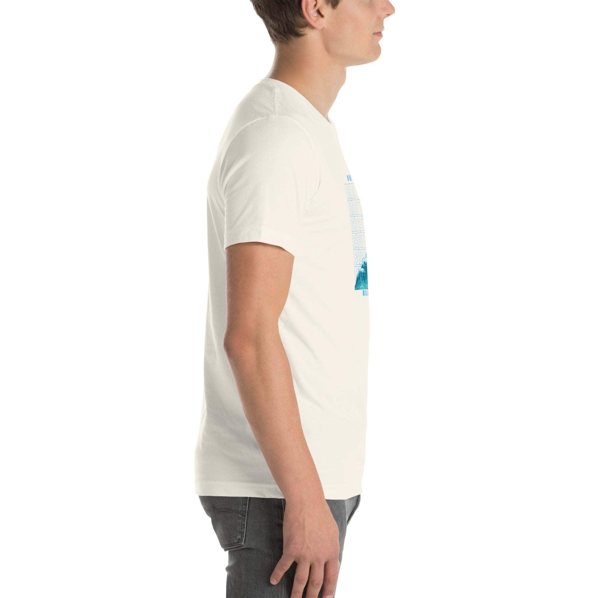 Side view of person wearing white Ride the Wave T-Shirt with wave design and casual fit